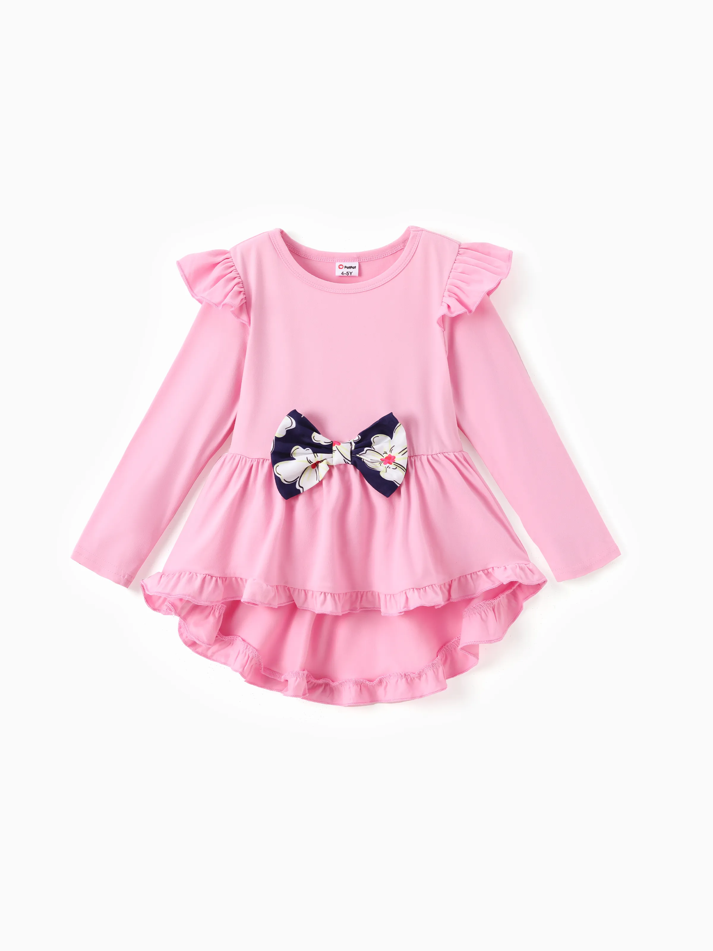 2-piece Kid Girl Bowknot Ruffled Long-sleeves Tee and Flower Allover Print Pants Pink - Image 2