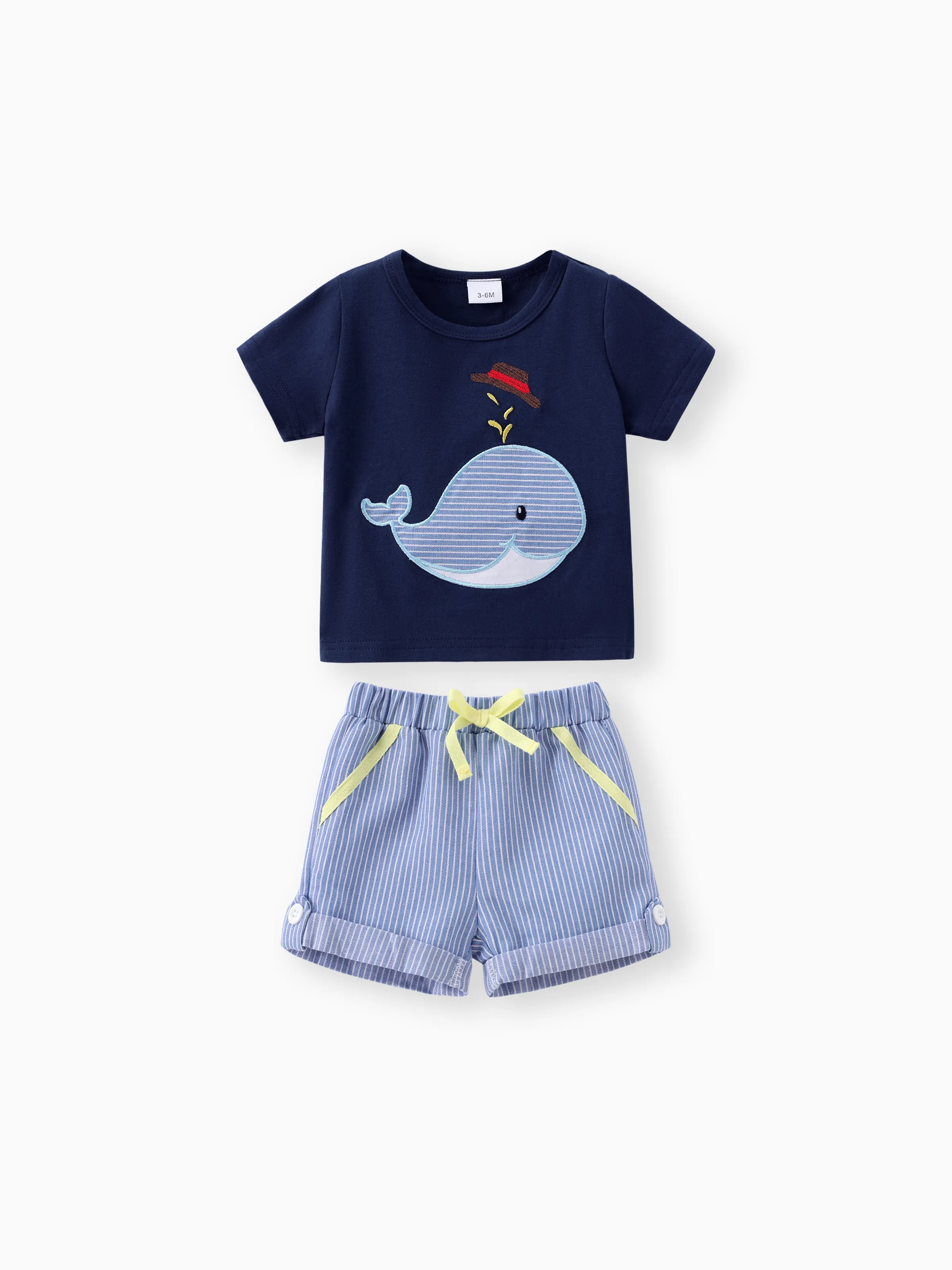 2pcs Baby Boy Whale Pattern Embroidery Short Sleeve Set Dark Blue
