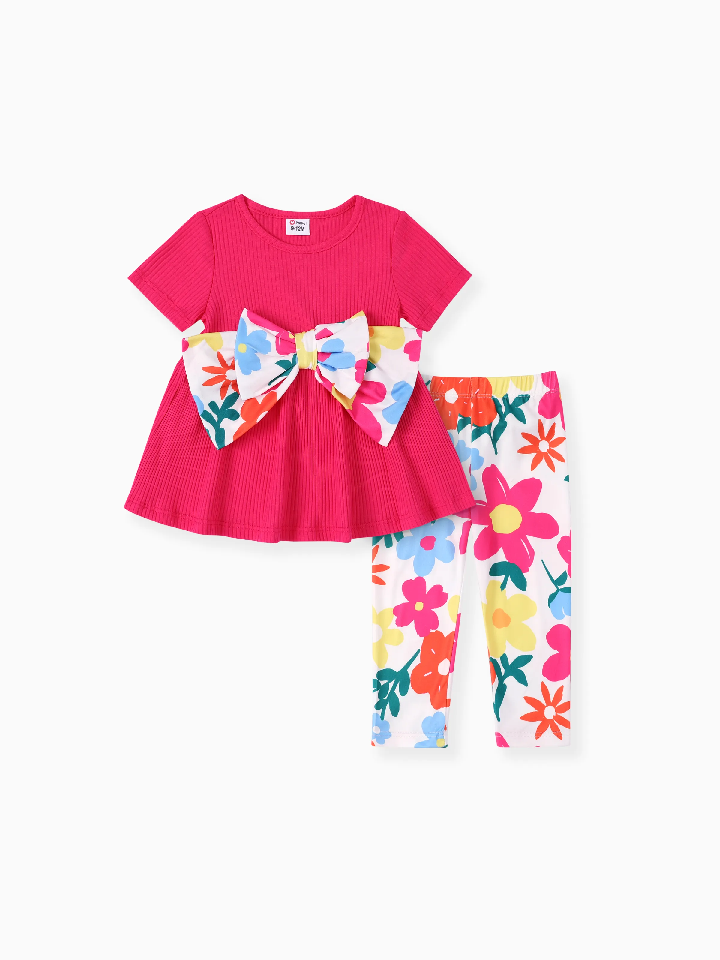 Baby Girl 2pcs Bowknot Design Tee and Floral Print Leggings Set Roseo