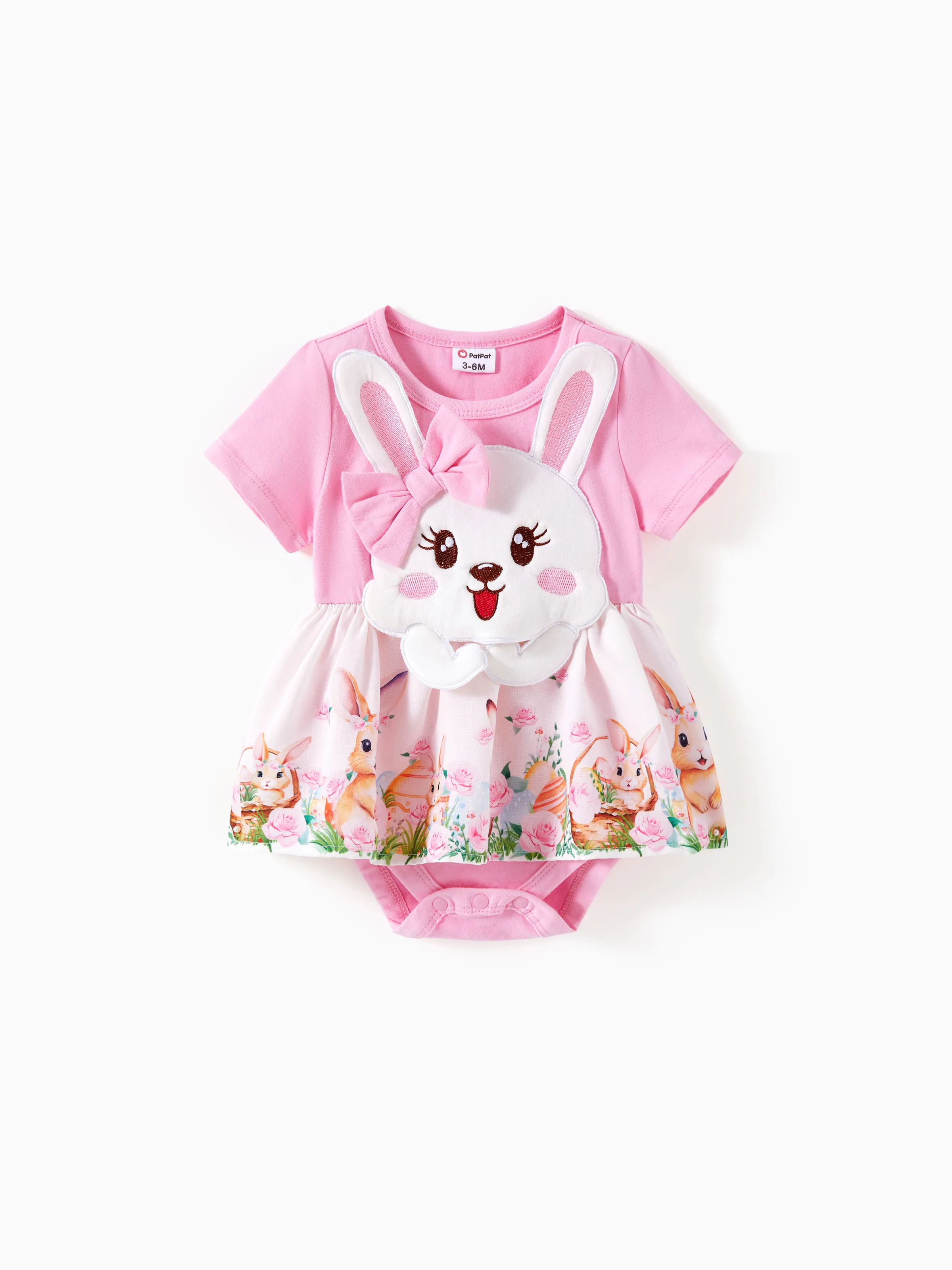 Baby Girl Childlike Animal Print Embroidered Romper Pink