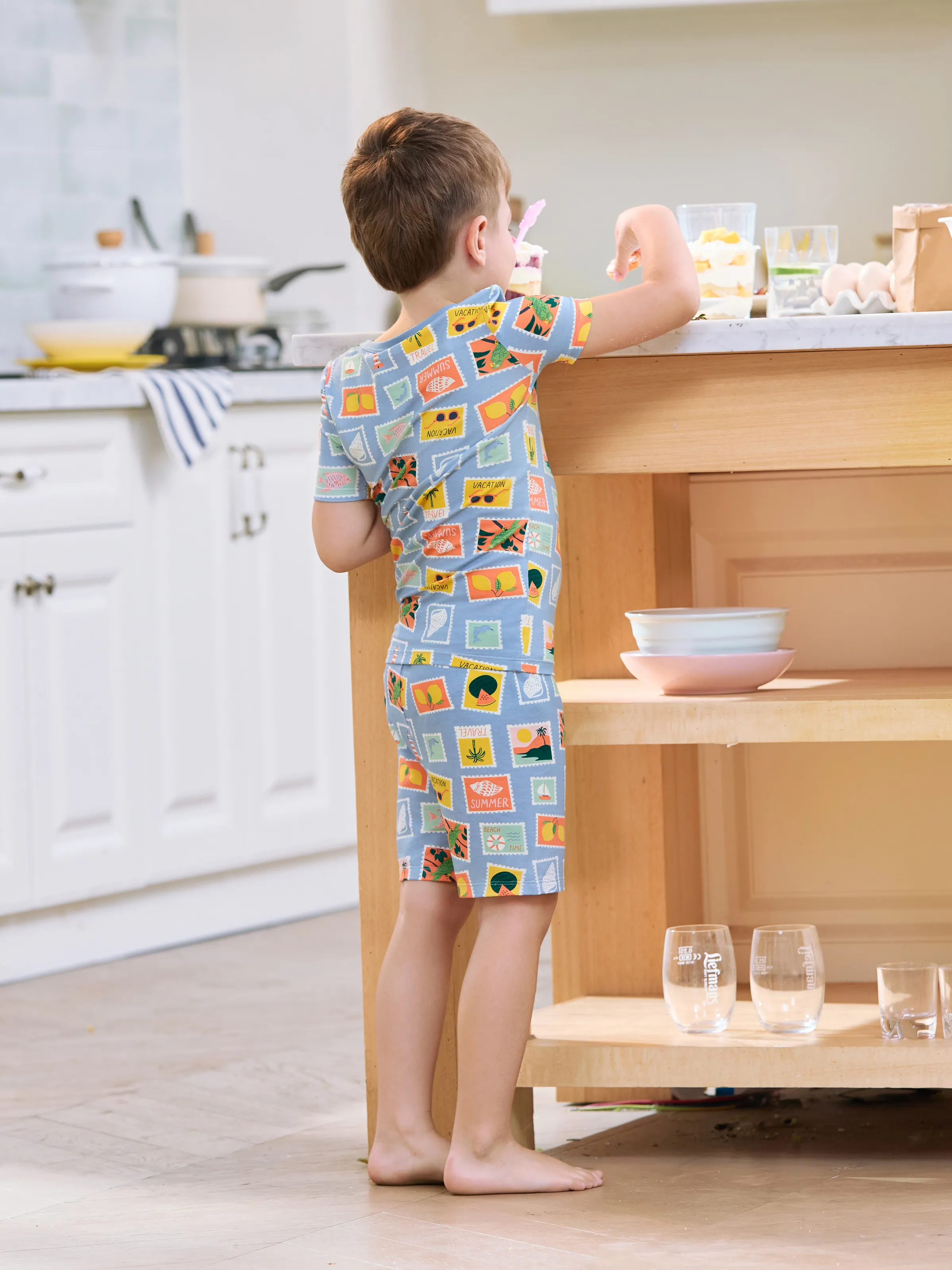 Bamboo Family Pajamas Vacation Theme Print Short-sleeve Matching Pajama set (Snug-Fitting for Children) Color block - Image 11