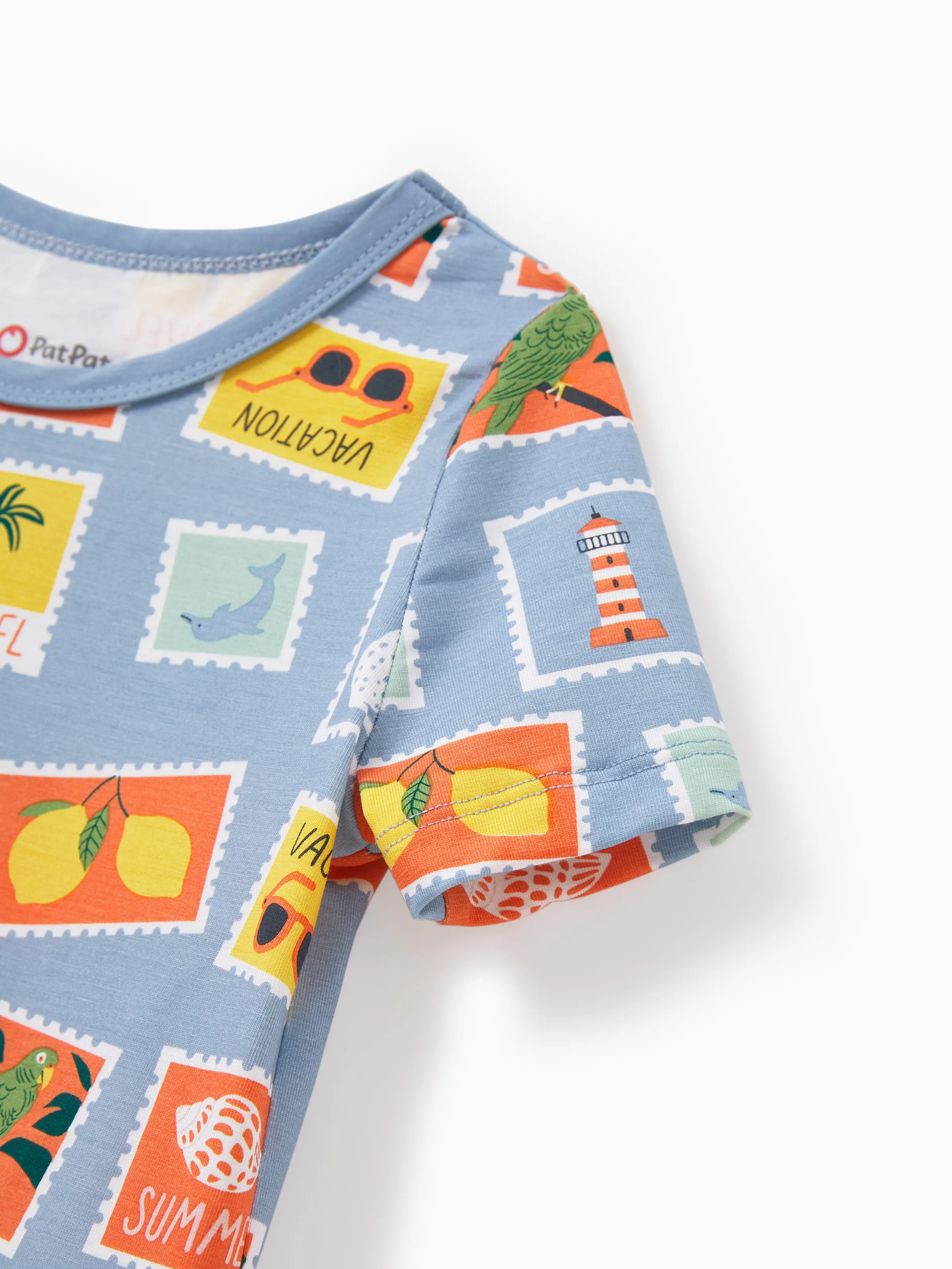 Bamboo Family Pajamas Vacation Theme Print Short-sleeve Matching Pajama set (Snug-Fitting for Children) Color block - Image 14