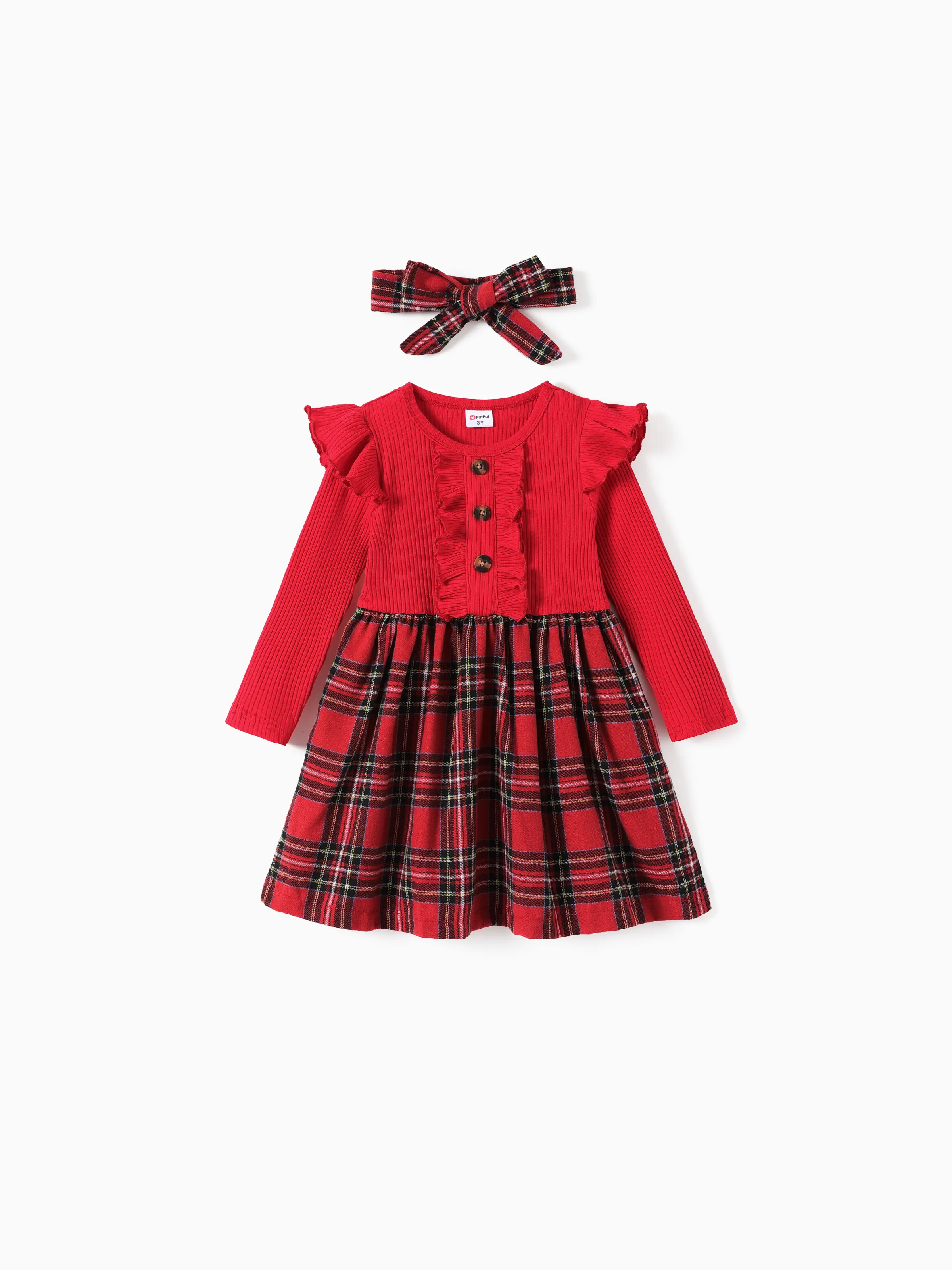Christmas Toddler Girl Grid Print Ruffled Dress with Headband Red
