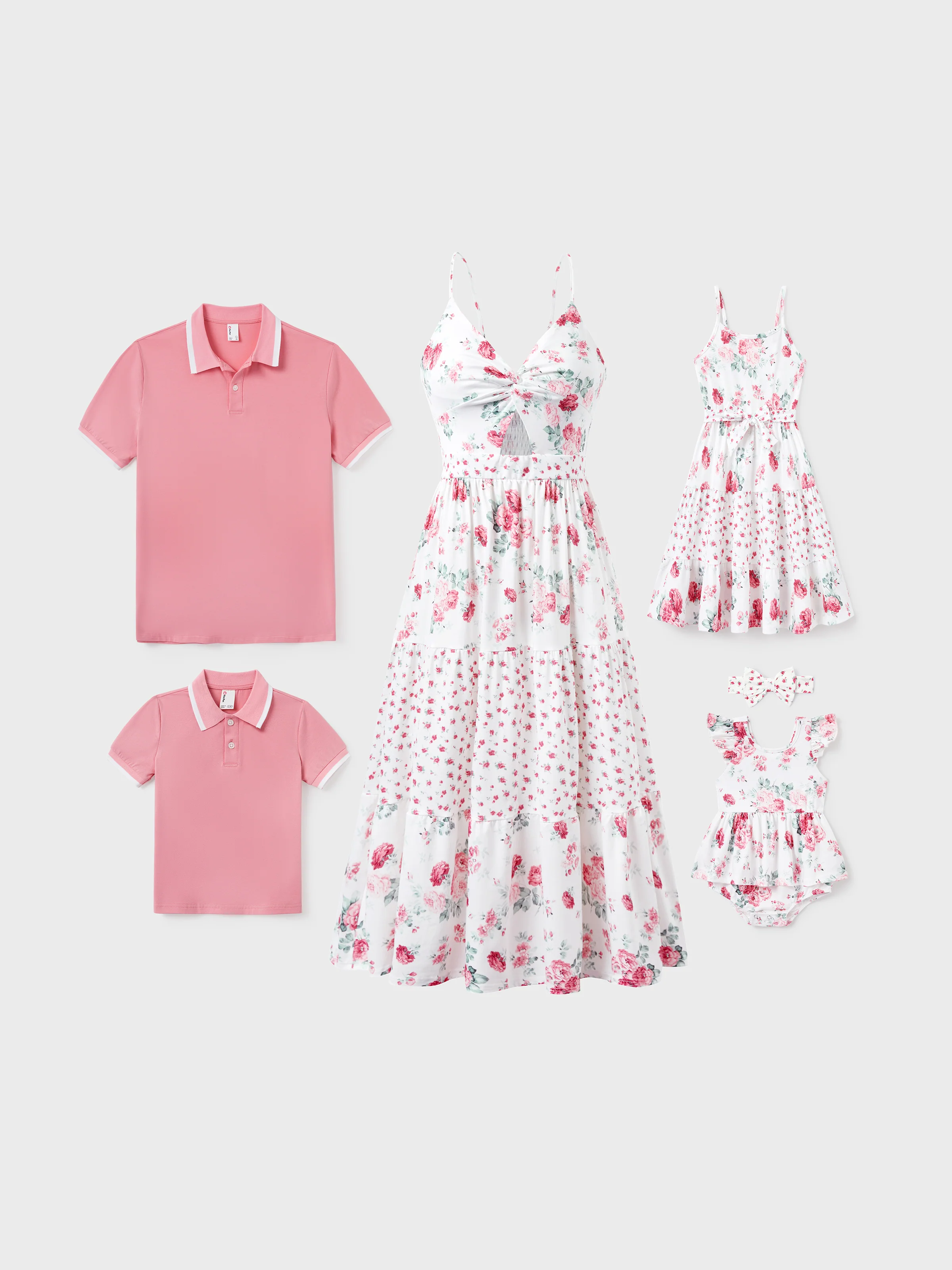 Daddy and Me Family Matching Outfits Set Solid Color Short-sleeve Polo Collar Shirt or Flower Print Hollow out Dress Pink - Image 2