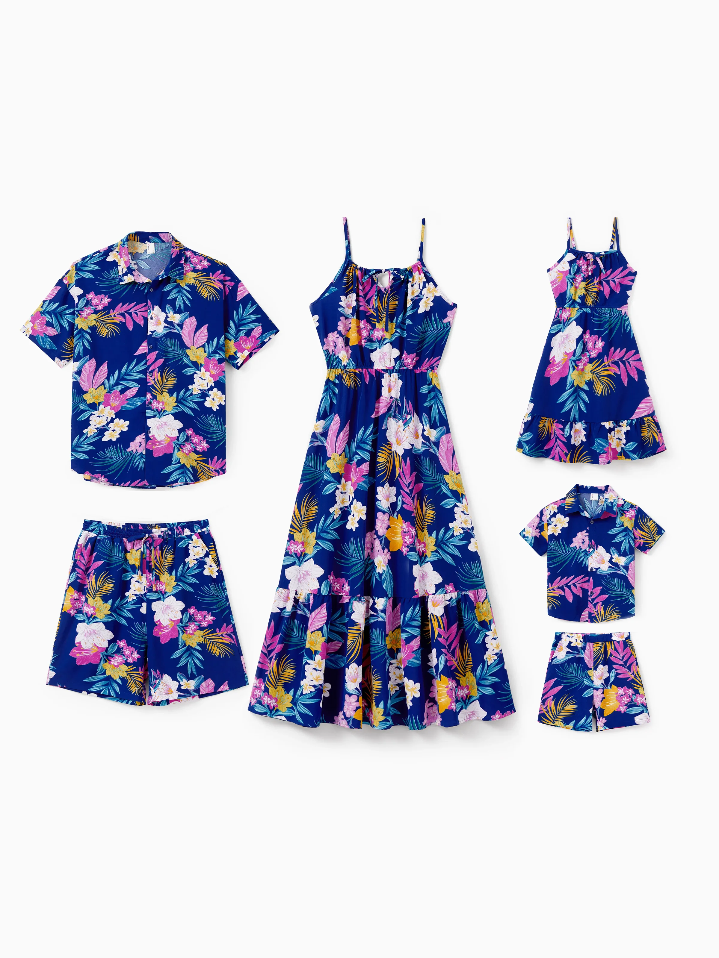 Daddy and Me Matching Family Hawaiian Outfits Tropical Floral Print Strap Dress or Short-sleeve Shirts & Shorts Set Summer Beachwear Set for Vacation  Deep Blue - Image 2
