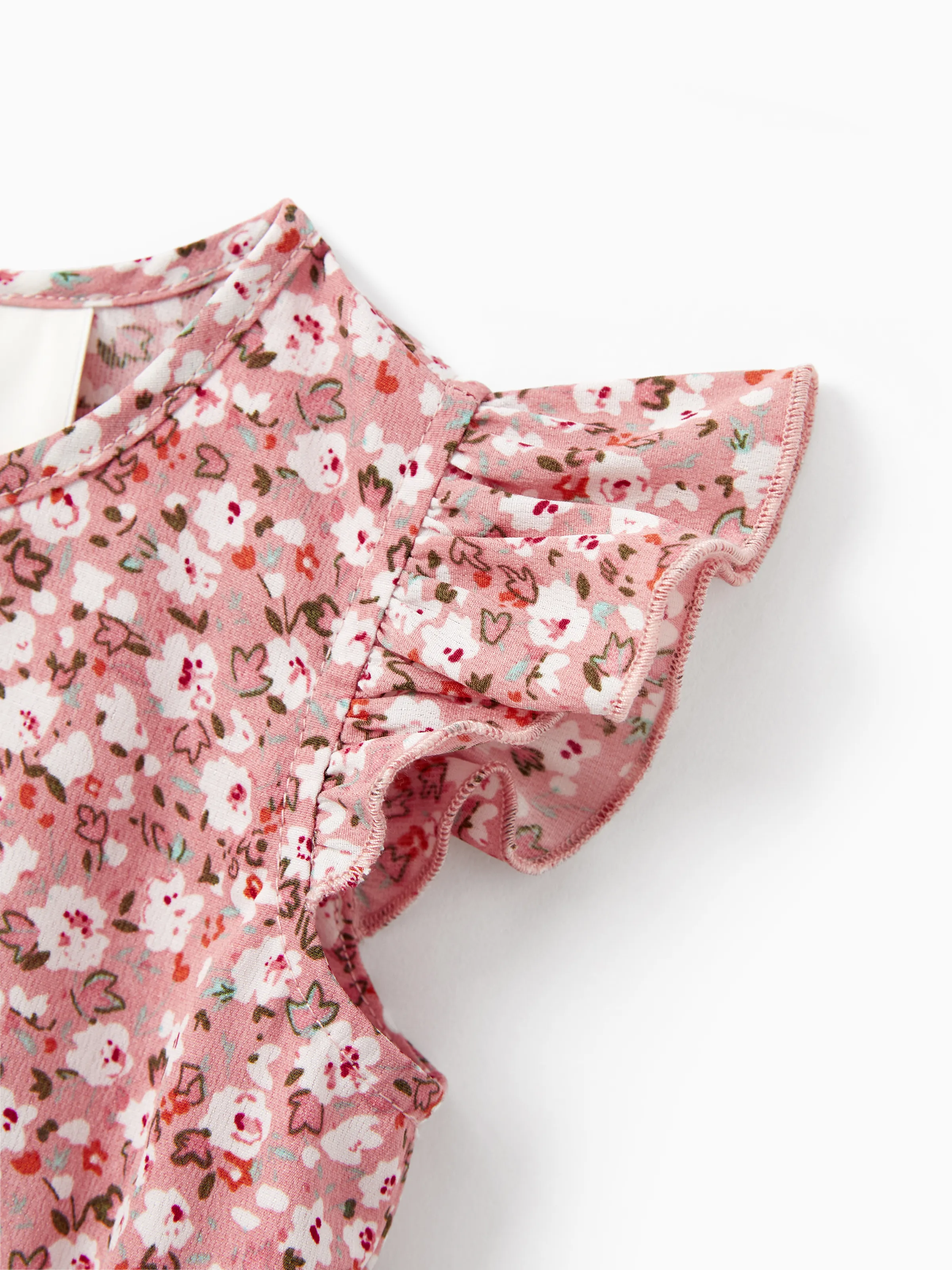 Daddy & Daughter Blue Cotton Colorblock Tee Shirt or Flora Print Smocking Puff-sleeve Dress Set Pink - Image 16
