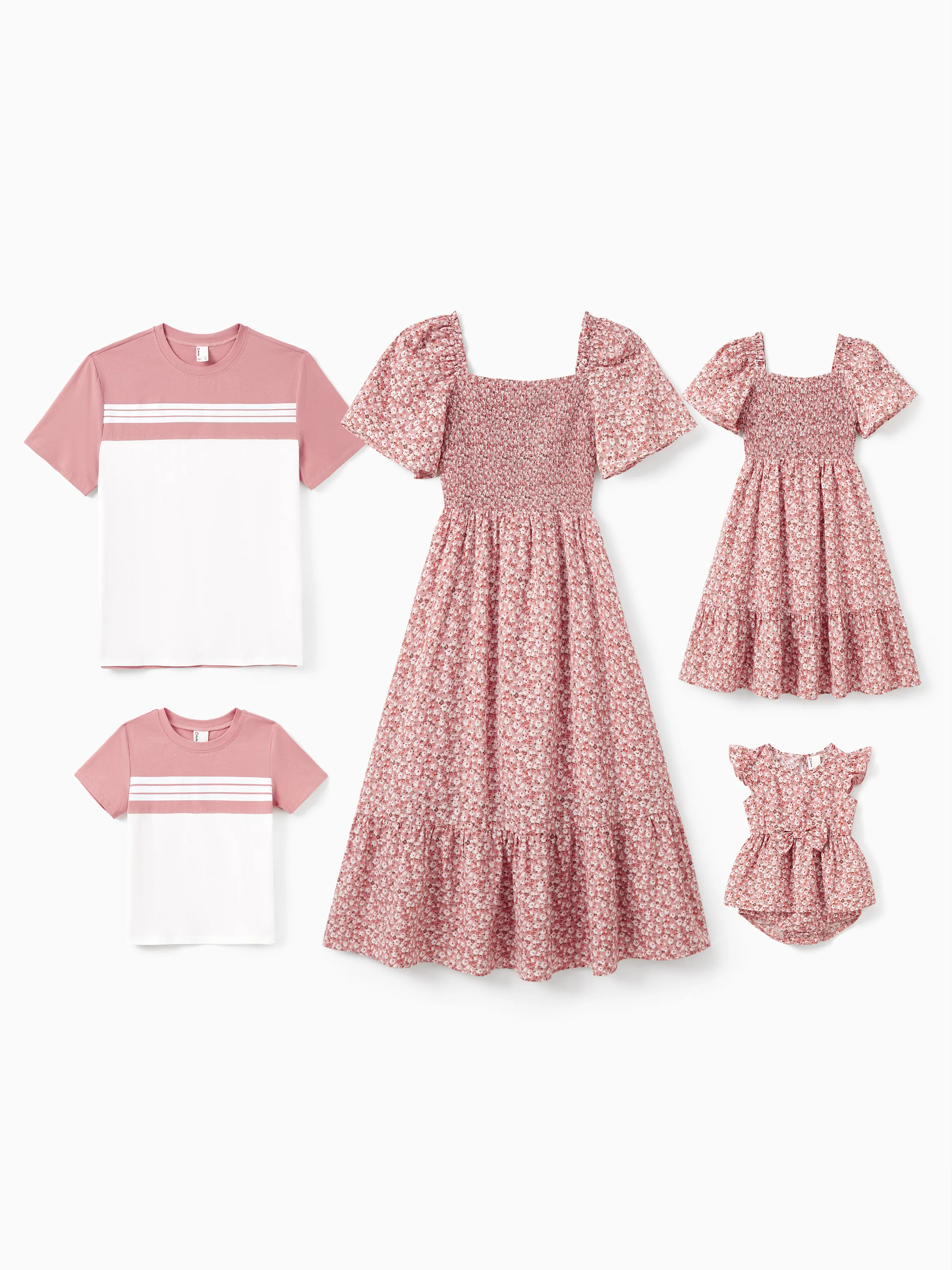 Daddy & Daughter Blue Cotton Colorblock Tee Shirt or Flora Print Smocking Puff-sleeve Dress Set Pink - Image 2