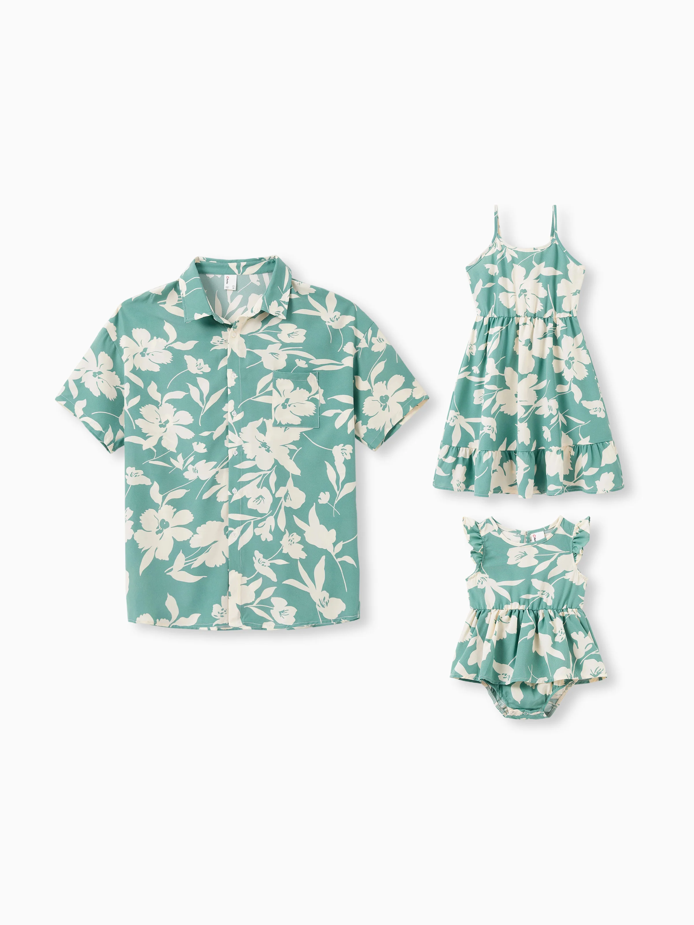Daddy & Daughter Leaf Print Green Short-sleeve Shirt or Sling Shirred Dress Set Green