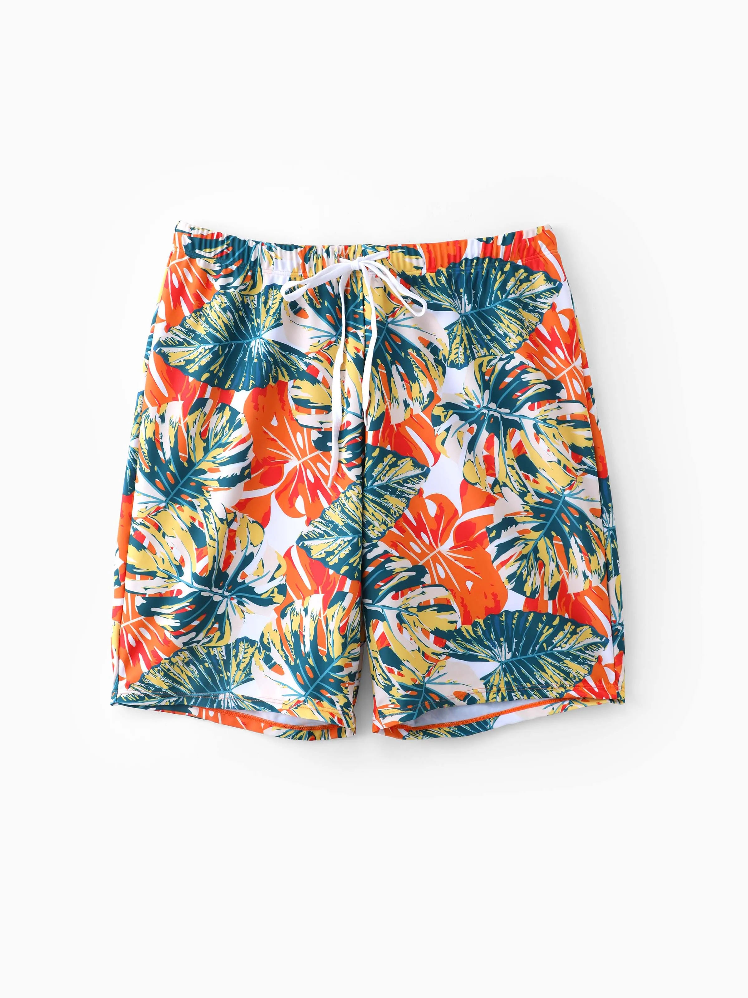 Daddy & Daughter Orange and All Over Tropical Plant Print Splicing Ruffle One-Piece Swimsuit and Swim Trunks Shorts Orange color - Image 3