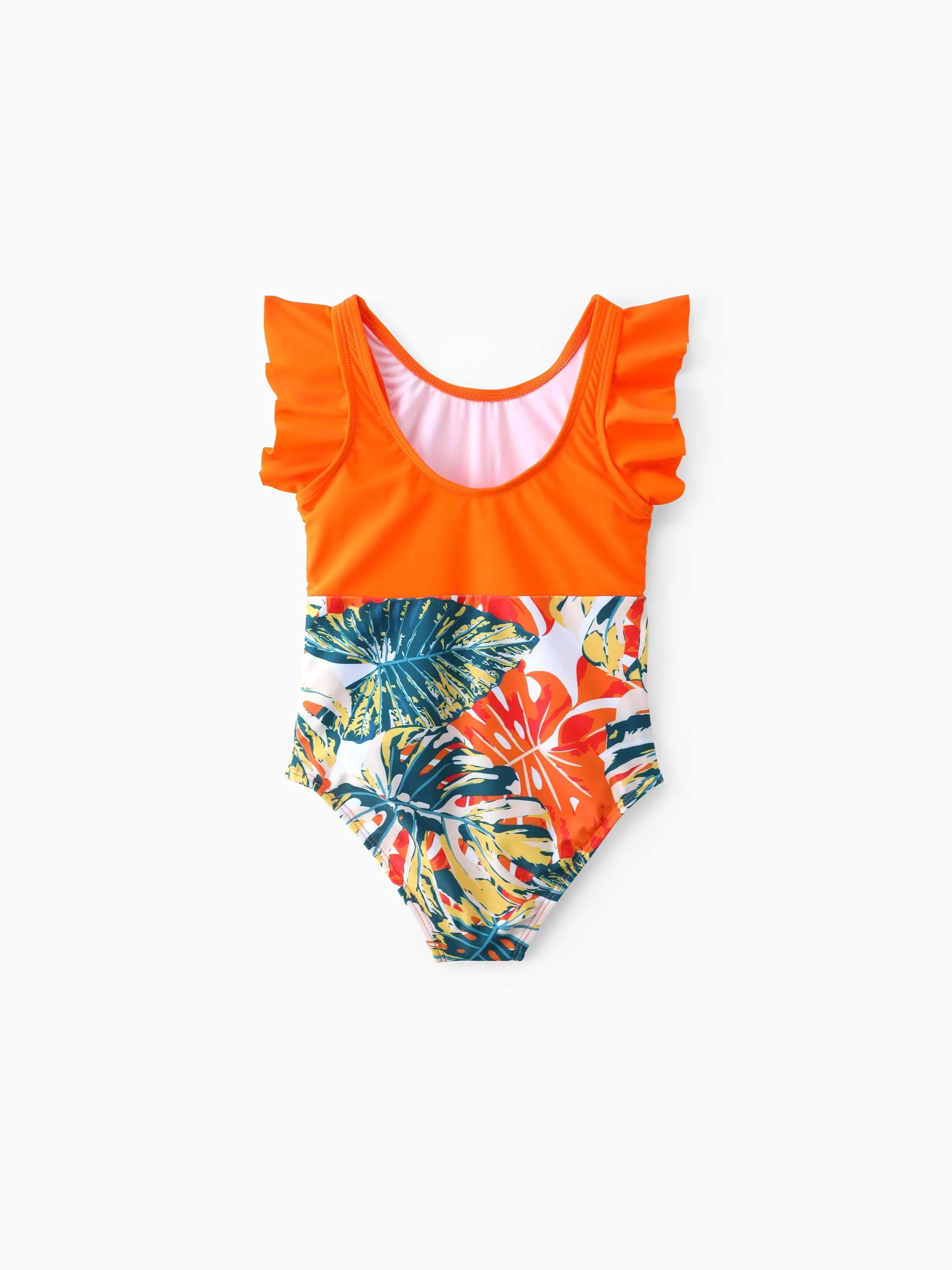 Daddy & Daughter Orange and All Over Tropical Plant Print Splicing Ruffle One-Piece Swimsuit and Swim Trunks Shorts Orange color - Image 8