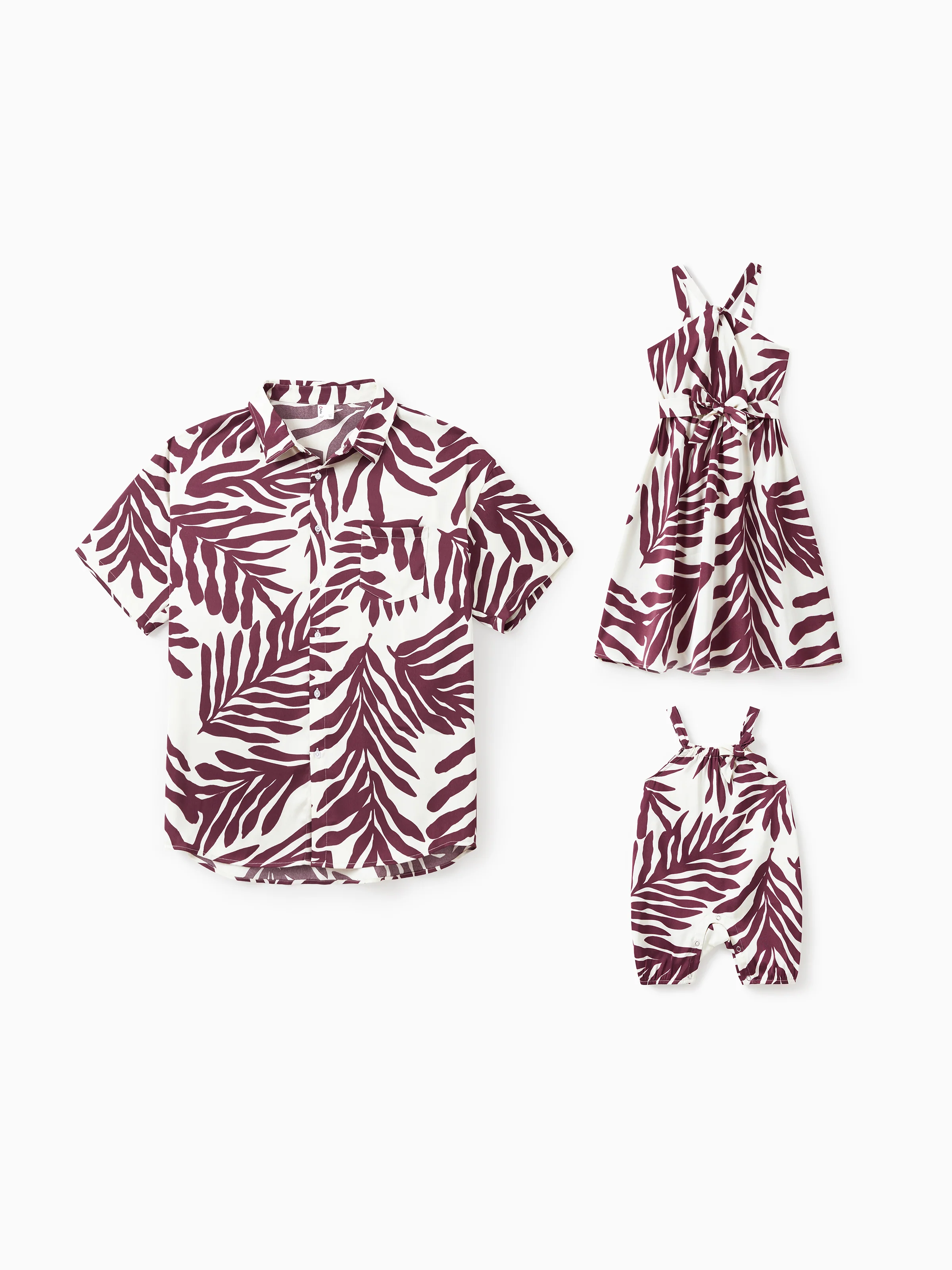 Daddy & Daughter Outfits Red Leaf Print Shirts and Strap Belted Dress for Hawaii/Cruise/Resort/Casual Wear White