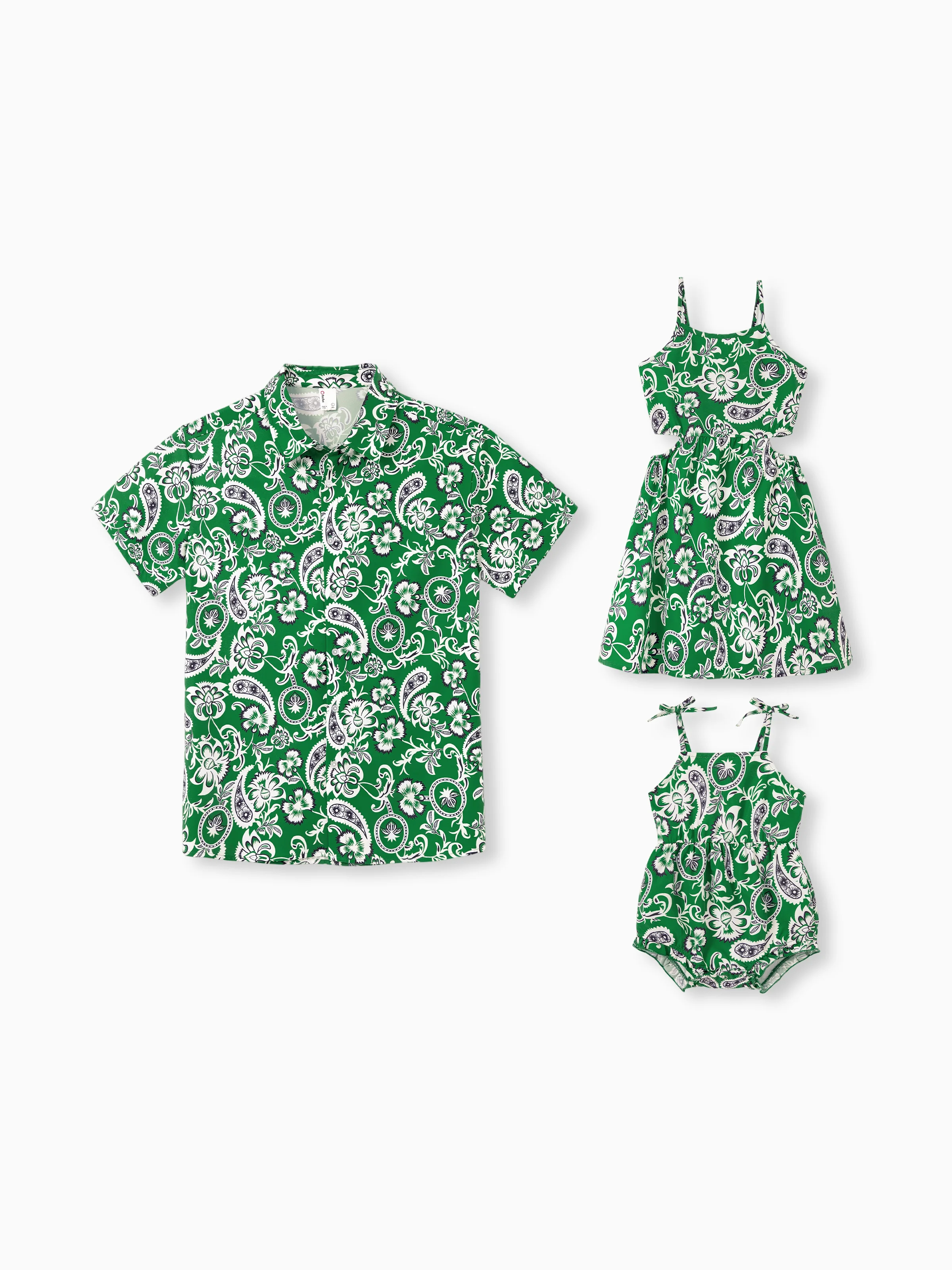 Daddy & Daughter Outfits Set Floral Print Short-sleeve Collar Shirt or Strappy Smocked Dress for Summer Vacation Green
