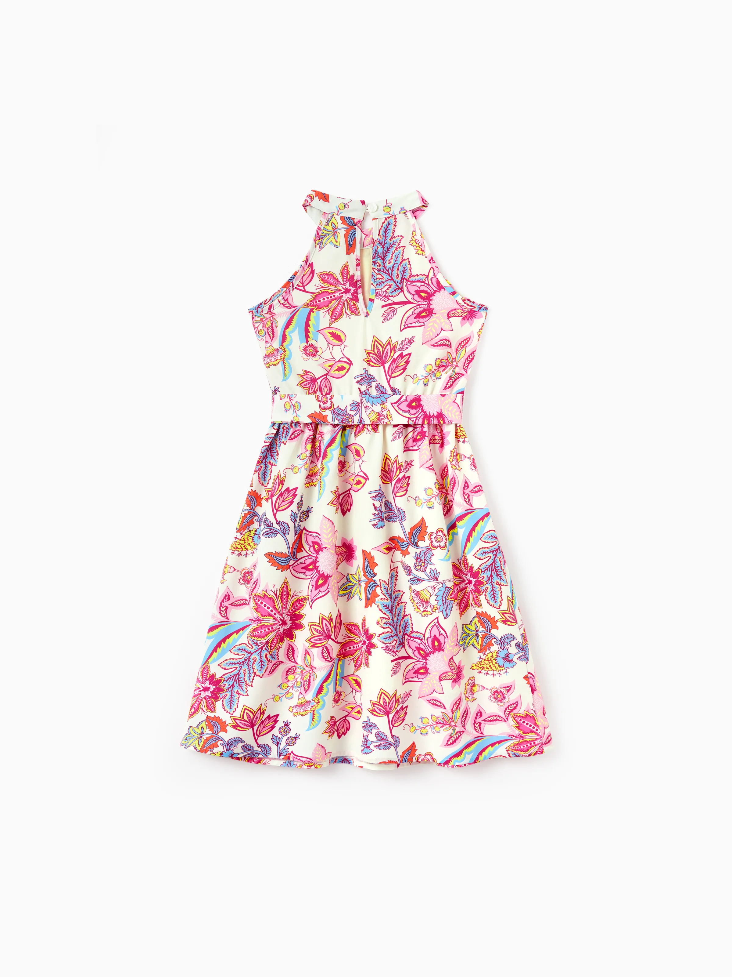 Daddy & Daughter Outfits Set Tropical Flora Print Short-sleeve Collar Shirt or Halter Belted Dress for Summer Vacation Beige - Image 9