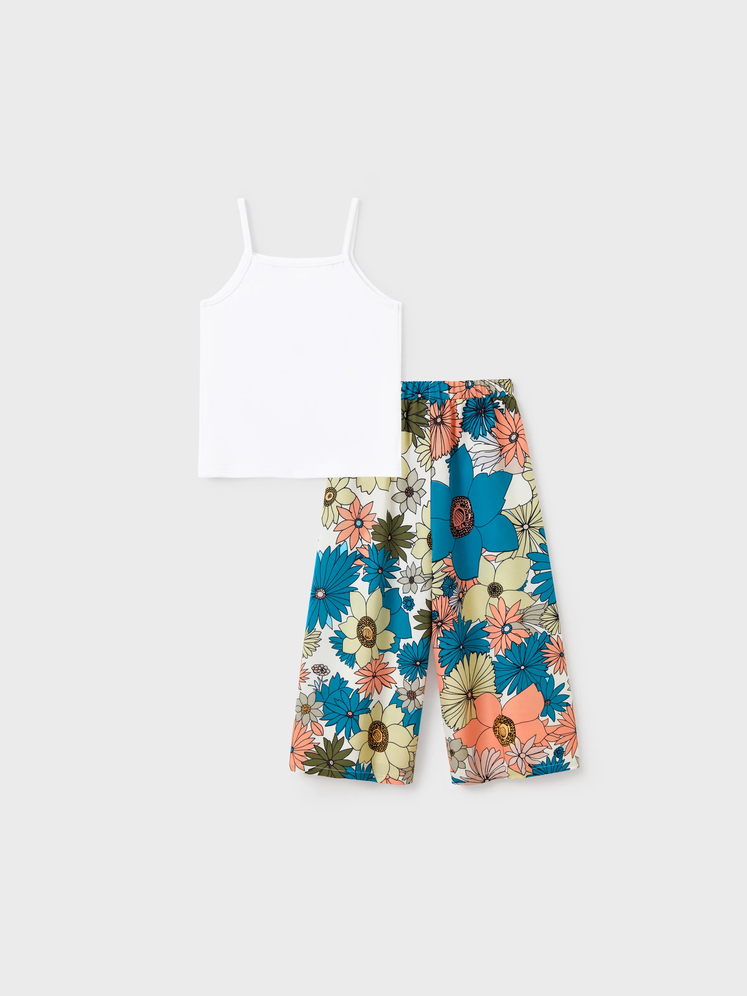Daddy & Daughter Set Sun Flower Print Short-sleeve Collar Shirt or White Camisole Top and Flower Wide-leg Pants Set for Summer Vacation Multi-color - Image 9