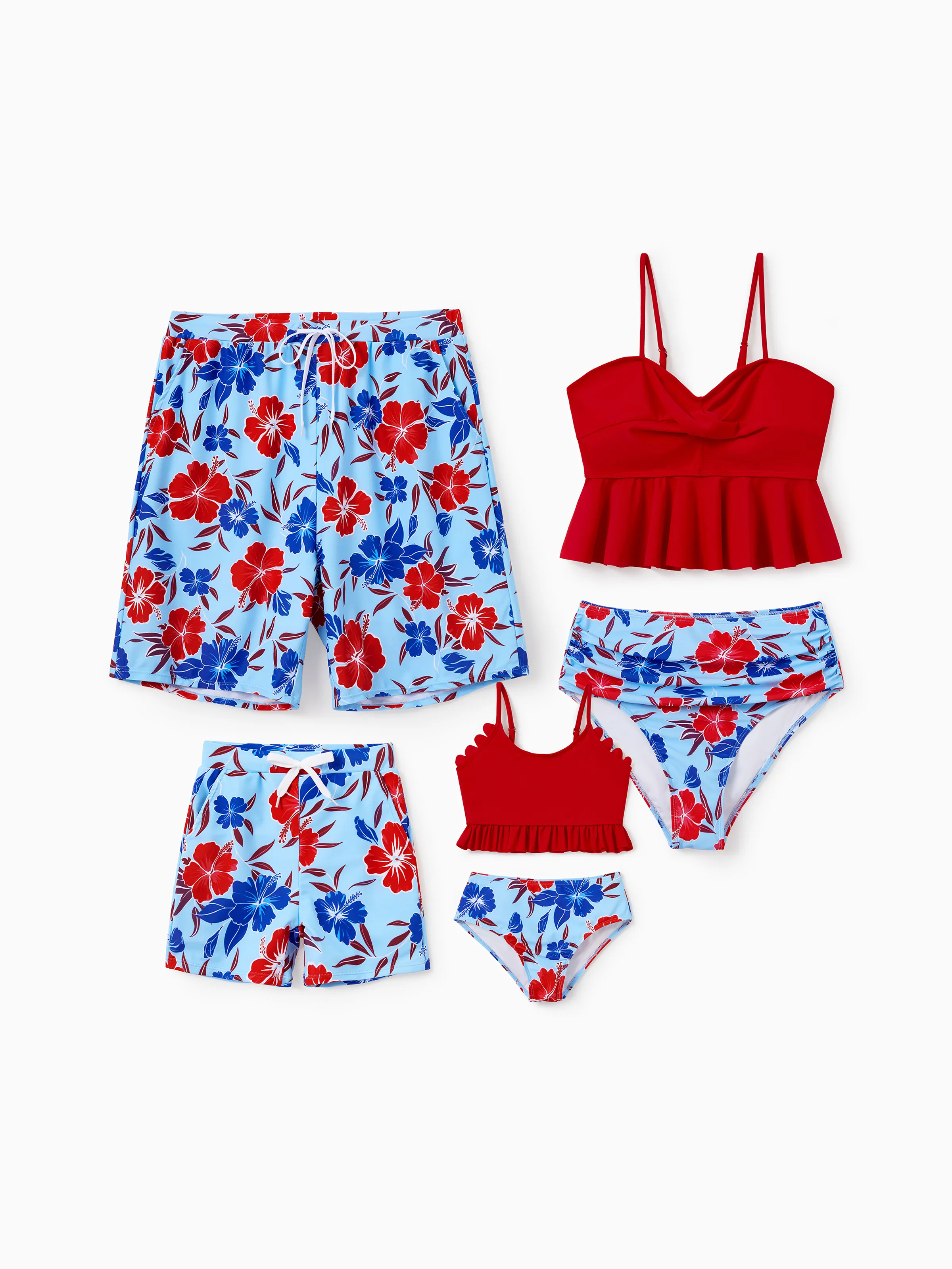 Daddy & Daughter Swimwear Floral Print Bikini & Swim Trunks Set for Mom, Dad, & Kids, Perfect for Summer Beach Days & Pool Parties Red - Image 2