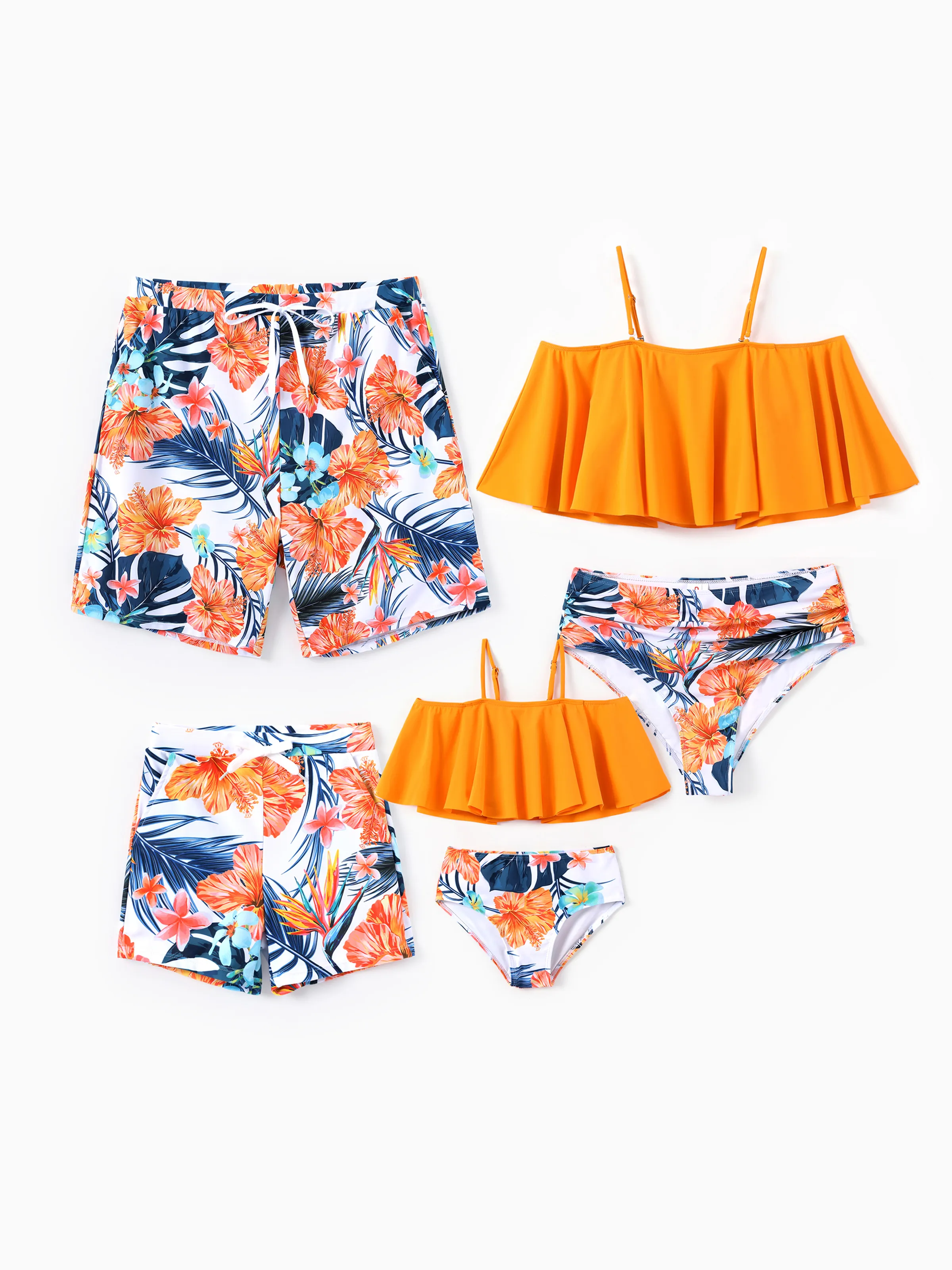 Daddy & Daughter Swimwear Tropical Floral Bikini Set with Ruffle Top for Mom & Daughter, Board Shorts for Dad & Son, Bright Summer Beach Outfits Orange - Image 2
