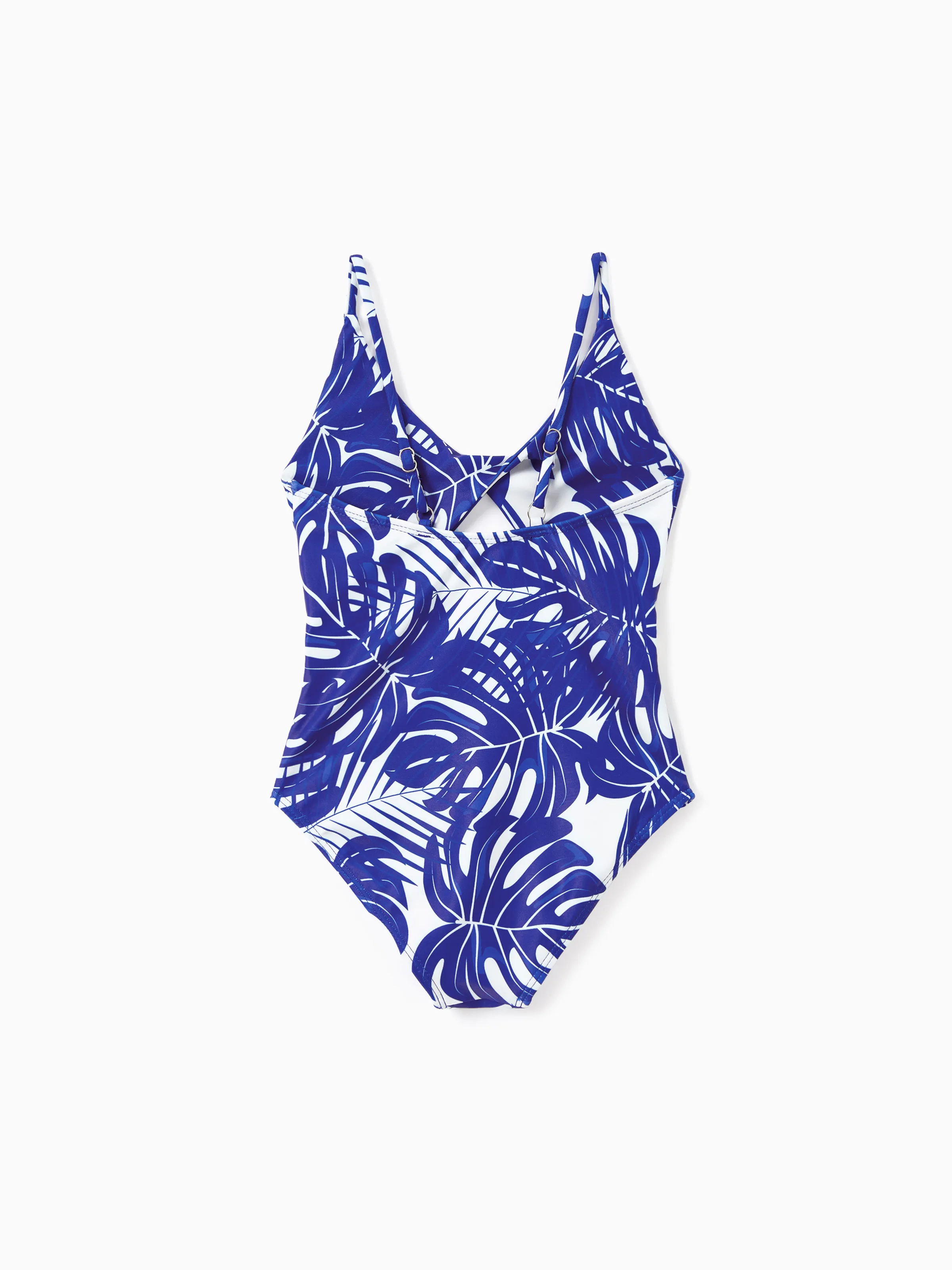 Daddy & Daughter Tropical Leaf Print Swim Trunks or Hollow-out Crisscross Straps One-piece Swimsuit Blue - Image 7