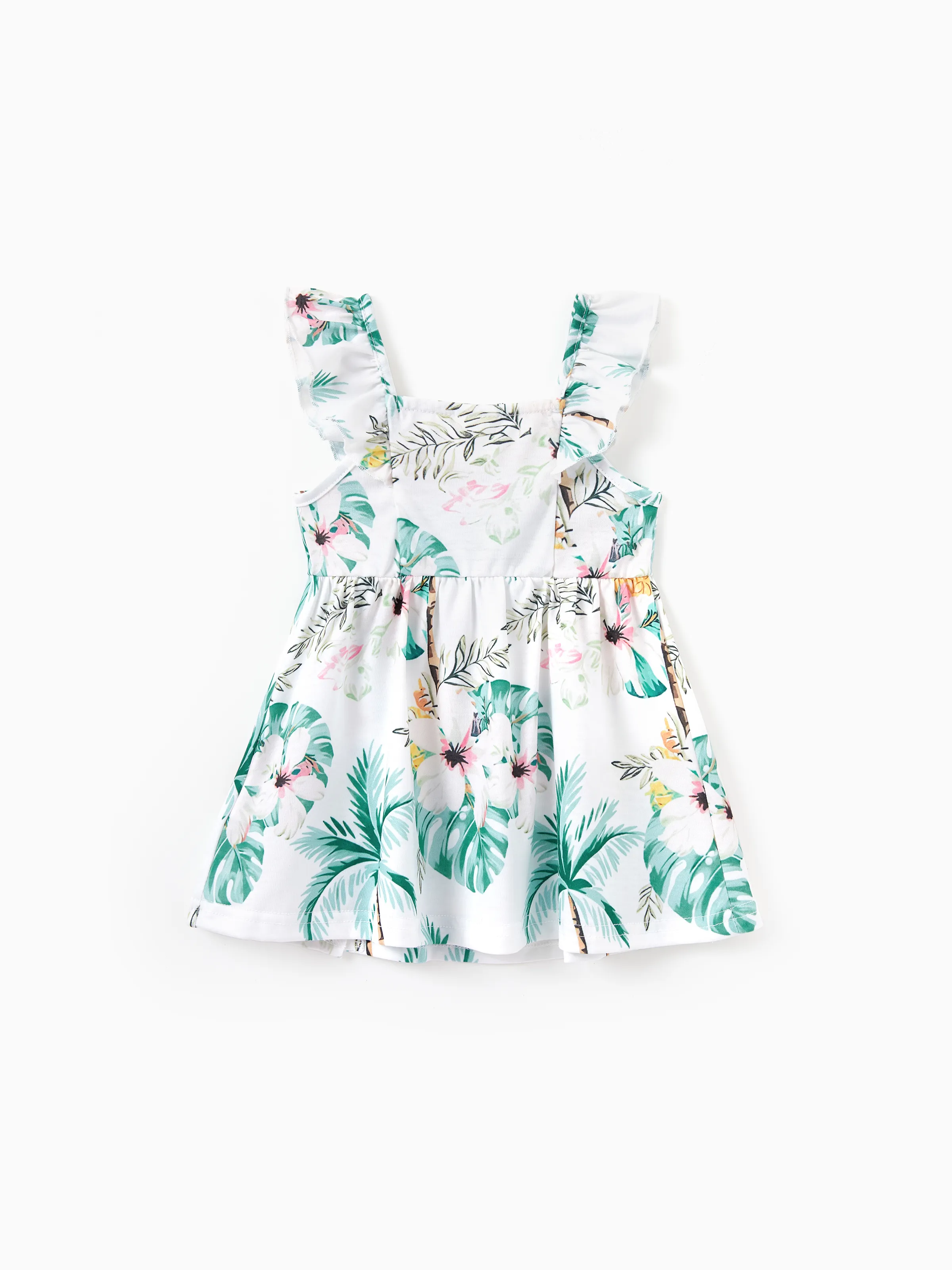 Daddy & Me Tropical Print Outfits,Daughter Tank Dress & Dad Cotton T-Shirt Set Green - Image 19