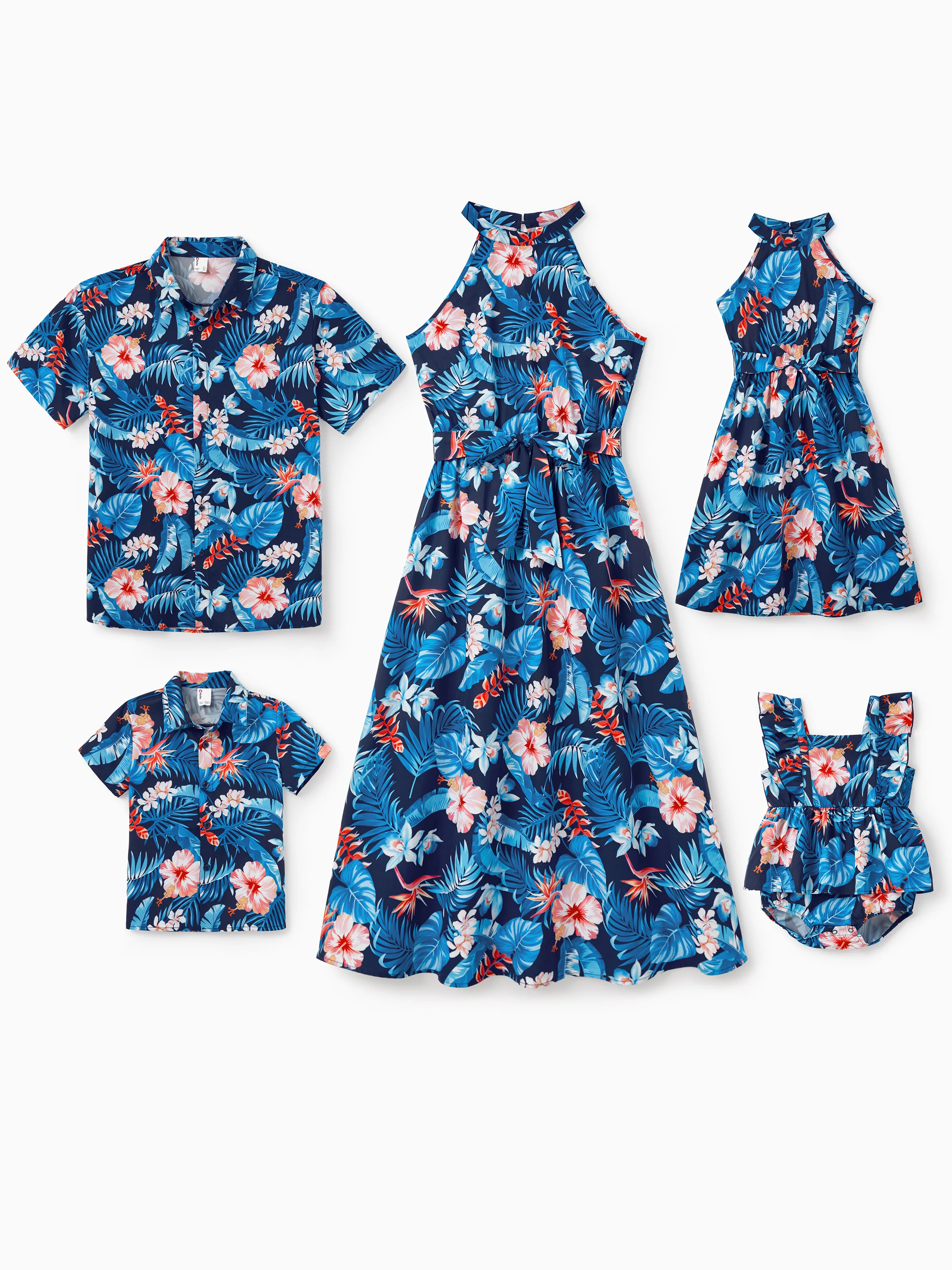 Daddy & Daughter Vacation Set Tropical Floral Print Shirt or Halter Dresses for Dad, Mom, Kids & Baby, Perfect for Summer Holidays & Family Photos Deep Blue - Image 3