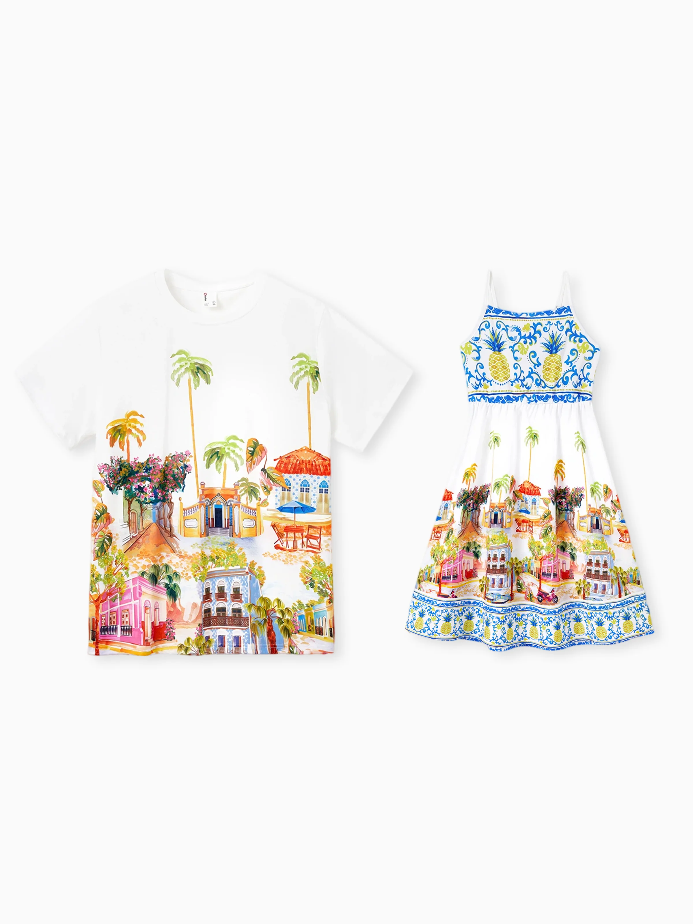 Daddy & Daughter Vacation Set Tropical Pineapple Coconut Tree Print Short-sleeve T-shirt or Hollow out Strap Dress for Summer Vacation White