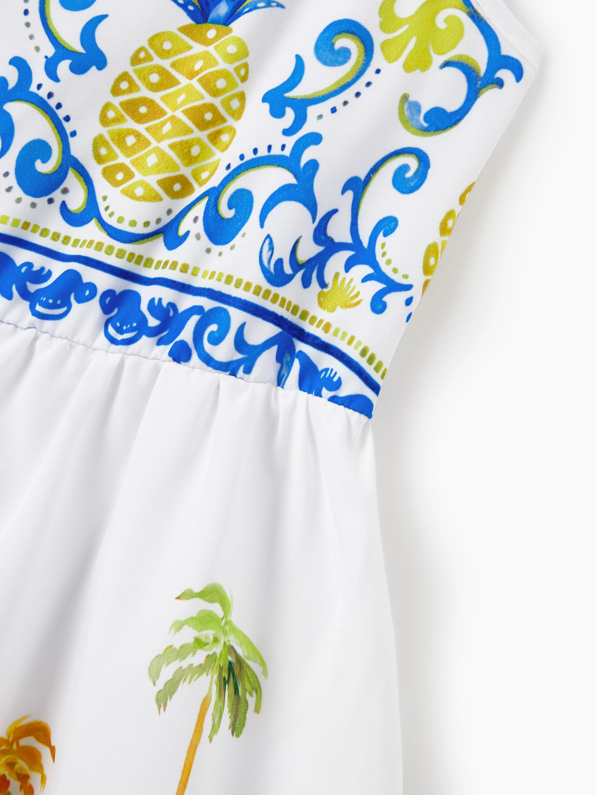 Daddy & Daughter Vacation Set Tropical Pineapple Coconut Tree Print Short-sleeve T-shirt or Hollow out Strap Dress for Summer Vacation White - Image 17