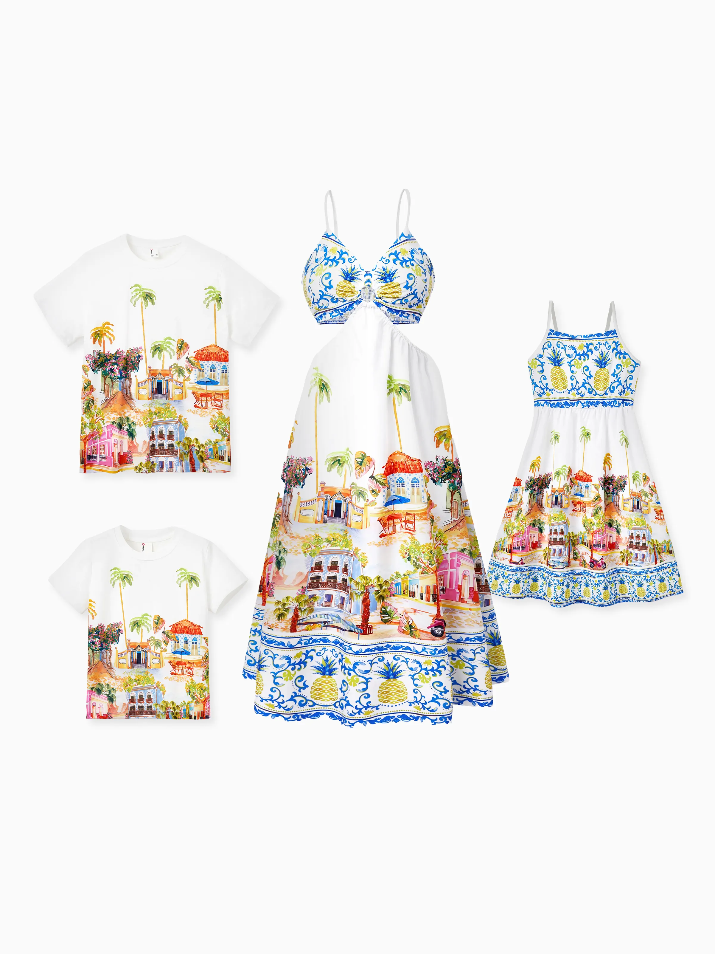 Daddy & Daughter Vacation Set Tropical Pineapple Coconut Tree Print Short-sleeve T-shirt or Hollow out Strap Dress for Summer Vacation White - Image 3