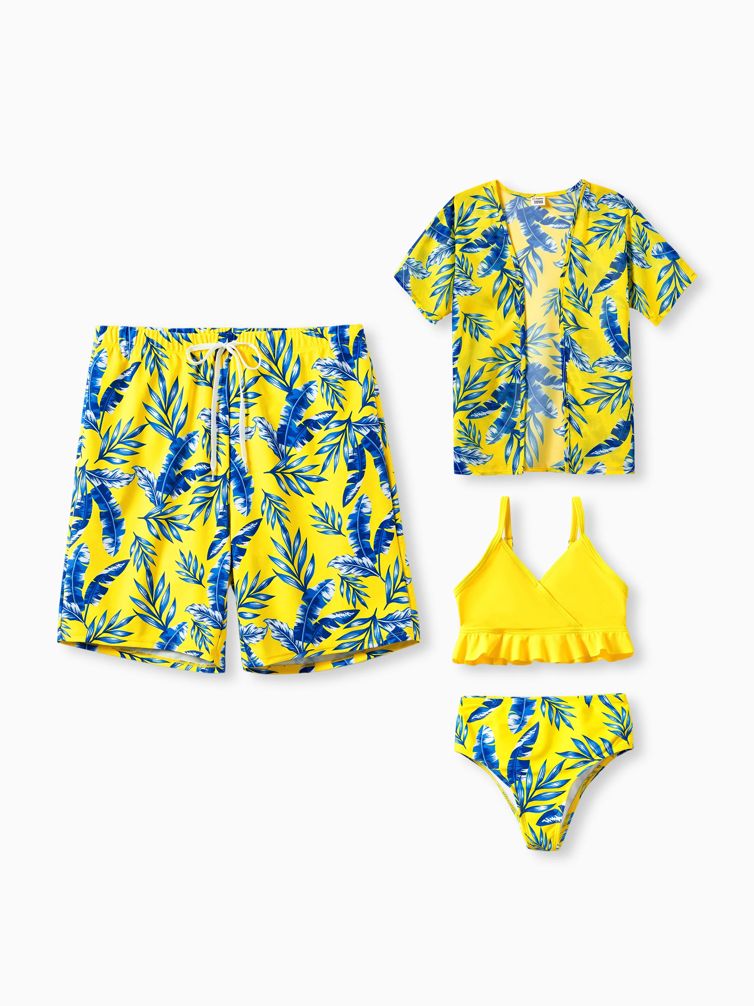 Daddy & Daughter Yellow Leaf Print Swim Trunks or Ruched Flutter Sleeve Bikini with Optional Swim Cover Up Yellow
