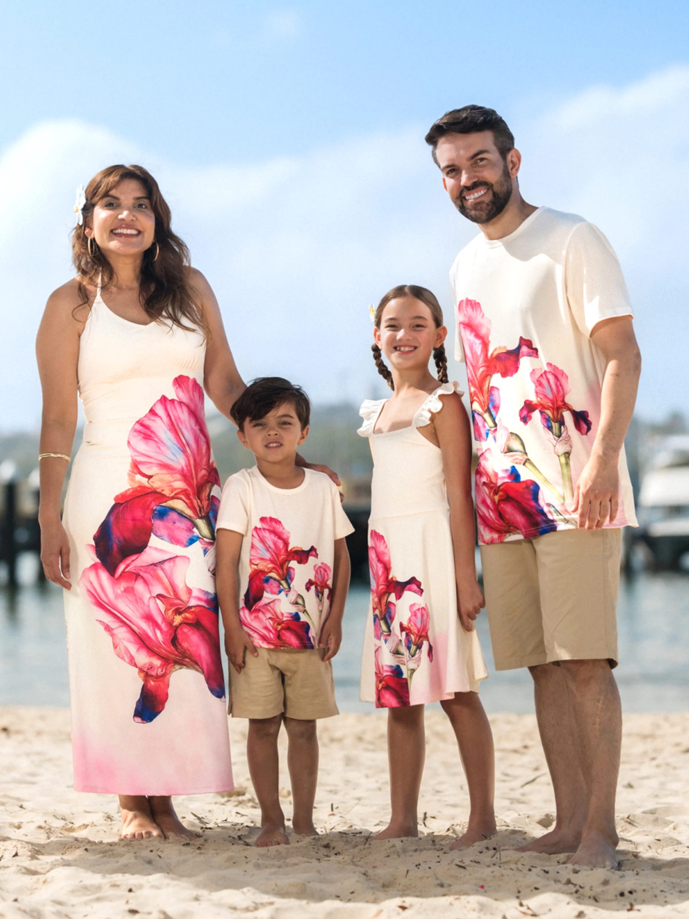 Daddy & Daughter Casual Outfit Floral Print T-shirt or Halter Dress Summer Set for Vacation Apricot - Image 2