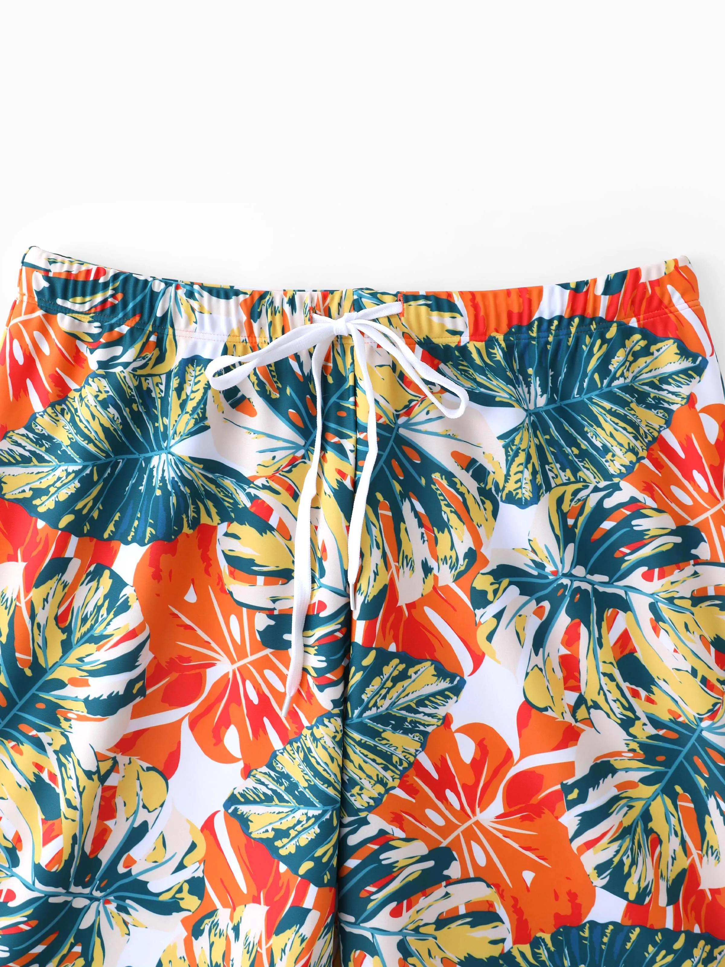 Daddy & Son Orange and All Over Tropical Plant Print Splicing Ruffle Swim Trunks Shorts Orange color - Image 5