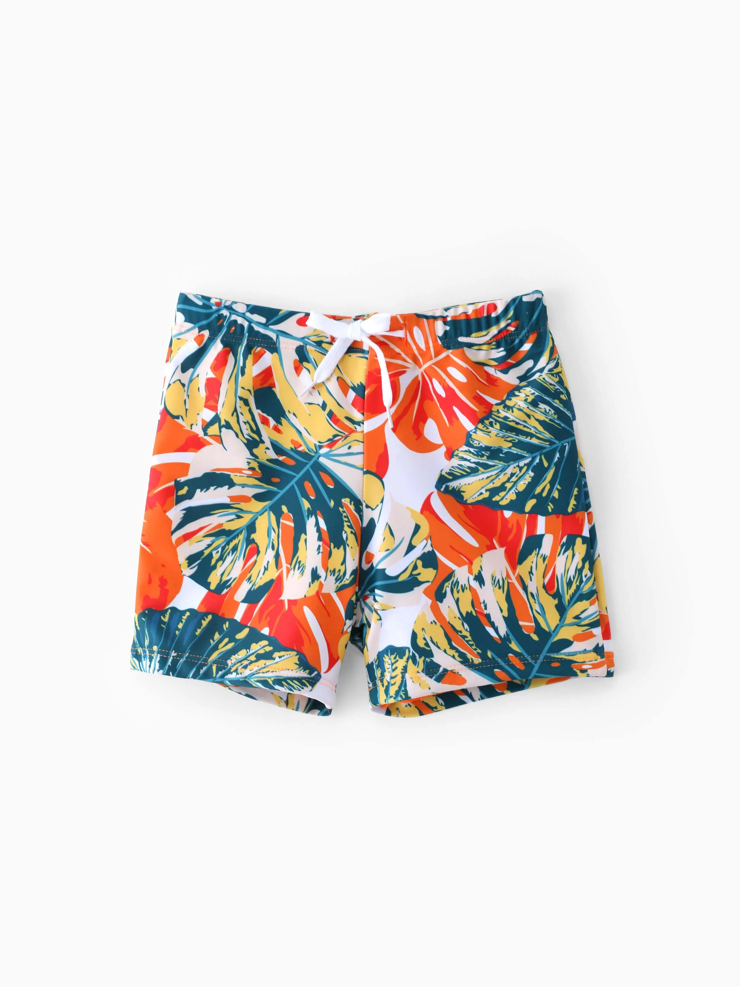 Daddy & Son Orange and All Over Tropical Plant Print Splicing Ruffle Swim Trunks Shorts Orange color - Image 7