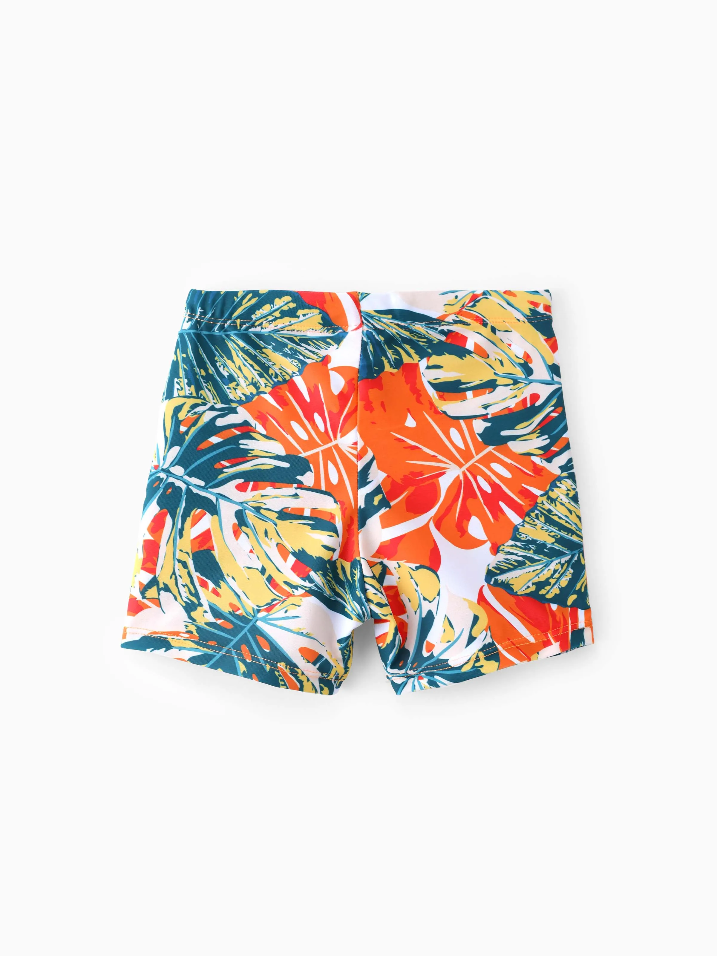 Daddy & Son Orange and All Over Tropical Plant Print Splicing Ruffle Swim Trunks Shorts Orange color - Image 8