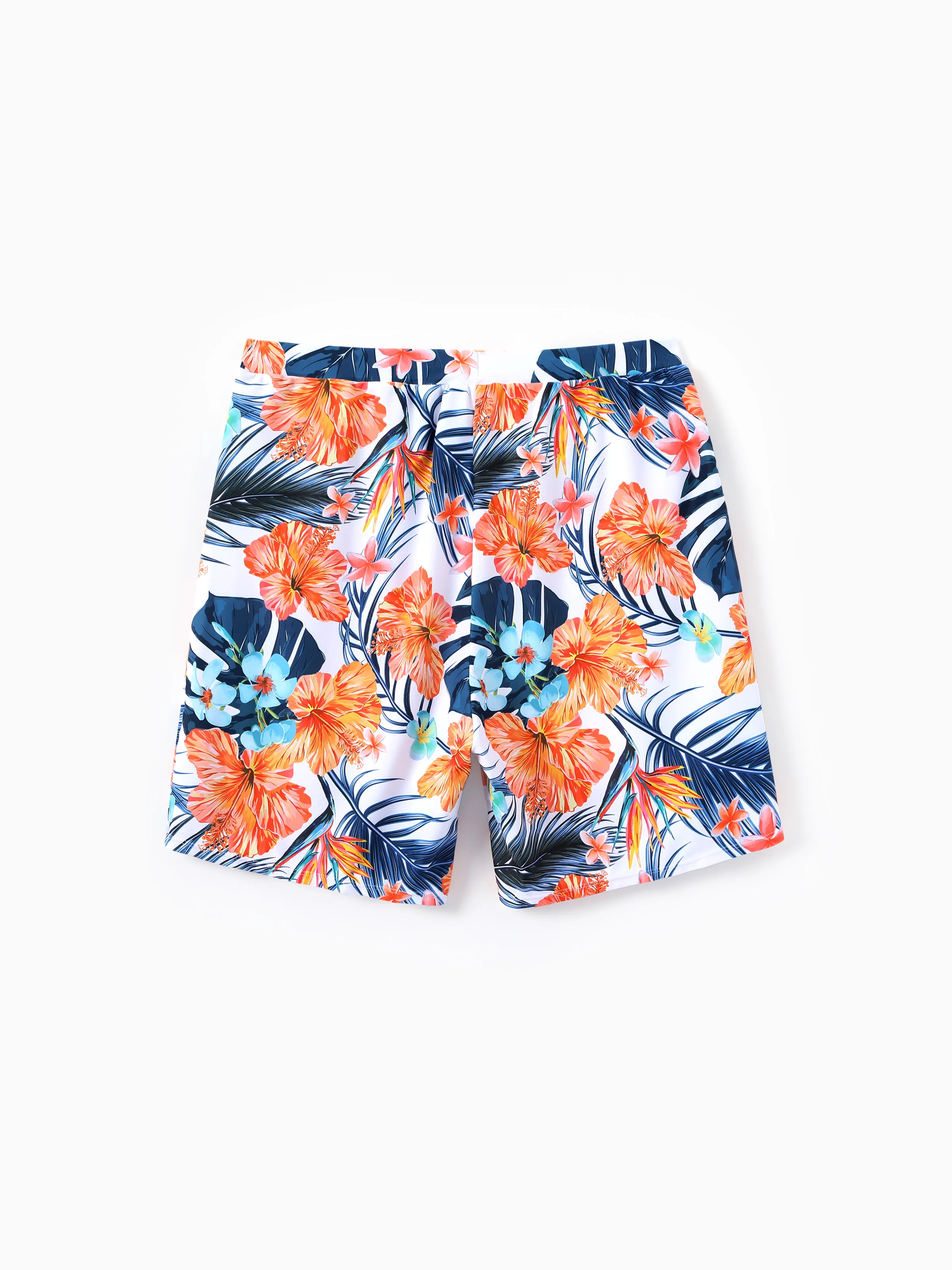 Daddy & Son Swimwear Tropical Floral Bikini Set with Ruffle Top for Mom & Daughter, Board Shorts for Dad & Son, Bright Summer Beach Outfits Orange - Image 4