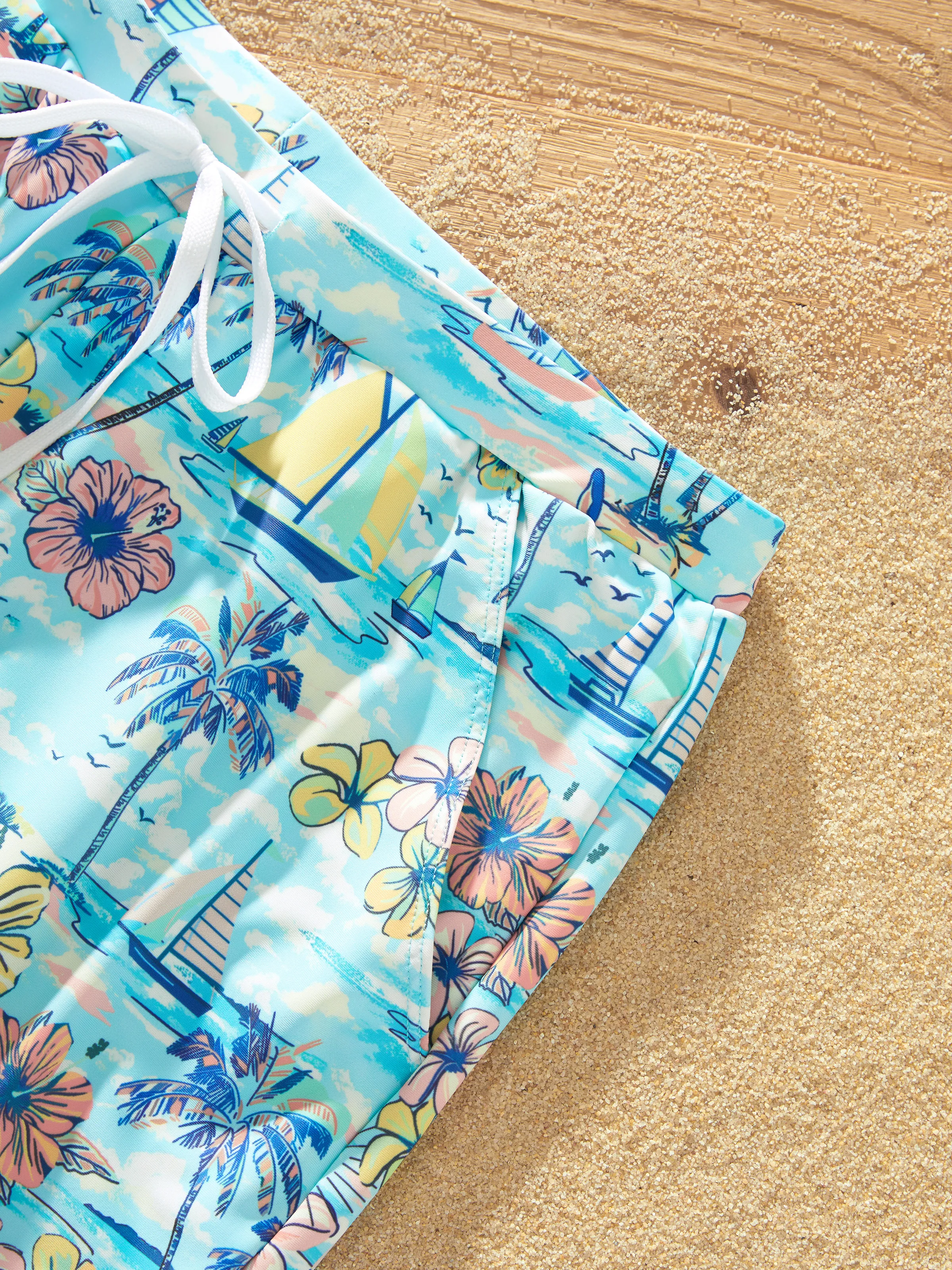 Daddy & Son Swimwear Tropical Print,Daddy & Son Swim Trunks Set for Summer Beach Vacation Light Blue - Image 9