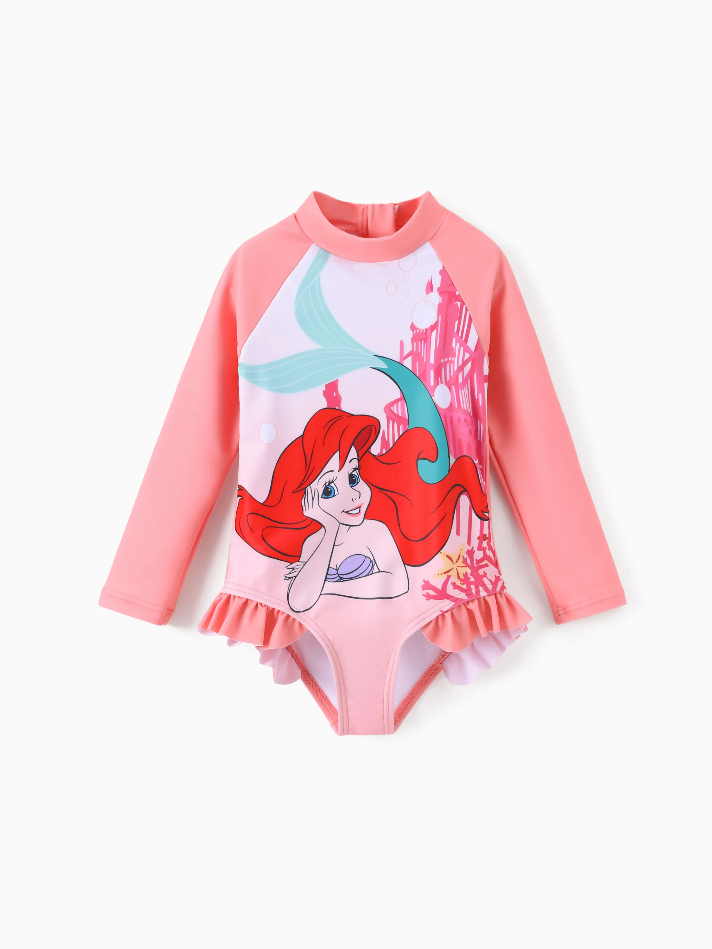 Disney Princess Toddler Girl Ariel Colorblock Ruffled Zipper UPF 40+ Long-sleeve Swimsuit Dark Pink