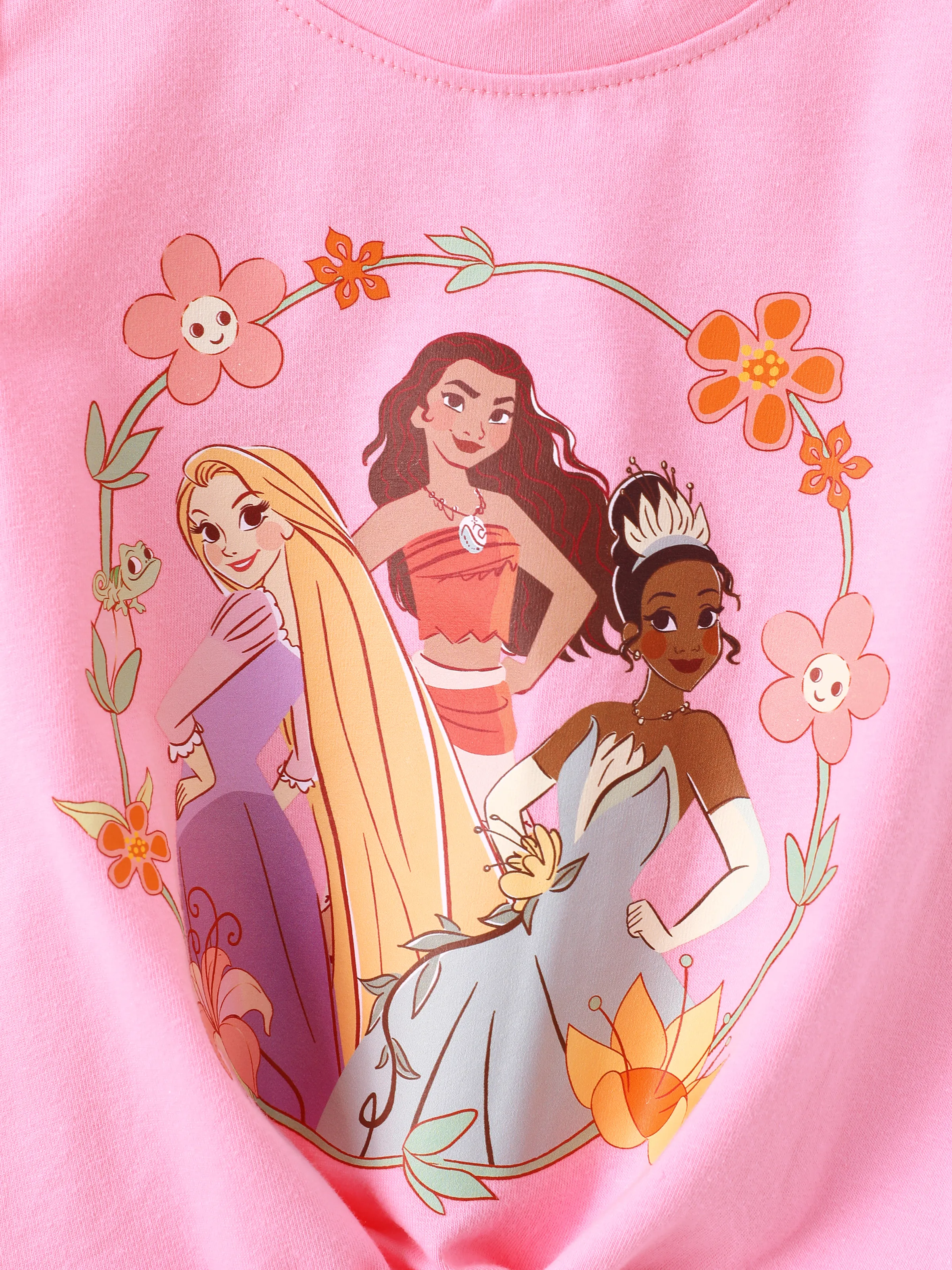 Disney Princess Toddler Girl 2pcs Moana/Tiana/Rapunzel Cotton Floral Print Knotted Sleeveless Tank Top And Shorts Set Pink - Image 2