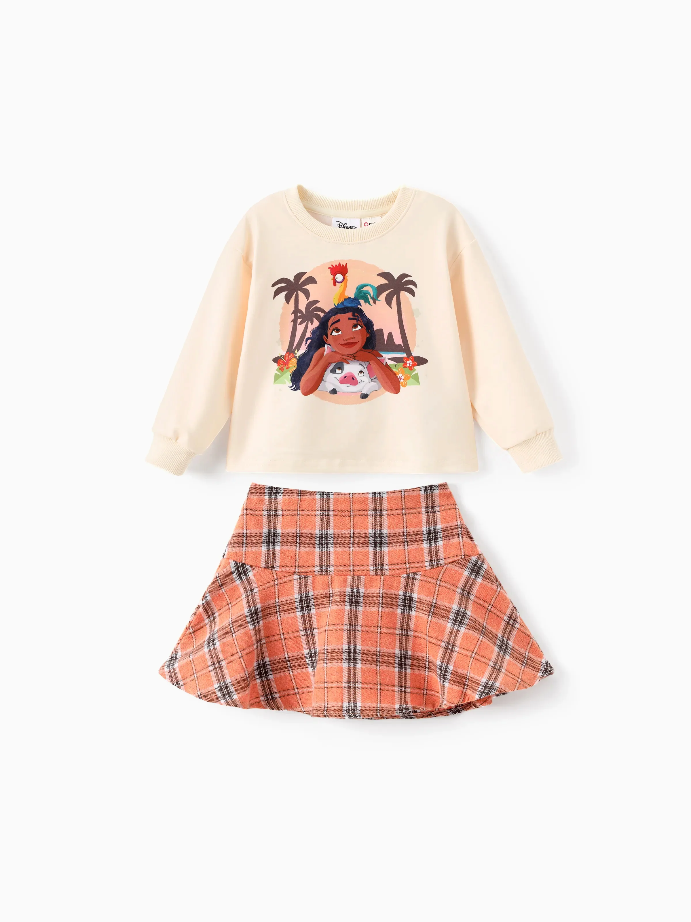 Disney Princess Toddler Girl 2pcs Moana Long Sleeve Plaid Print Skirt Set Apricot-toned Apricot