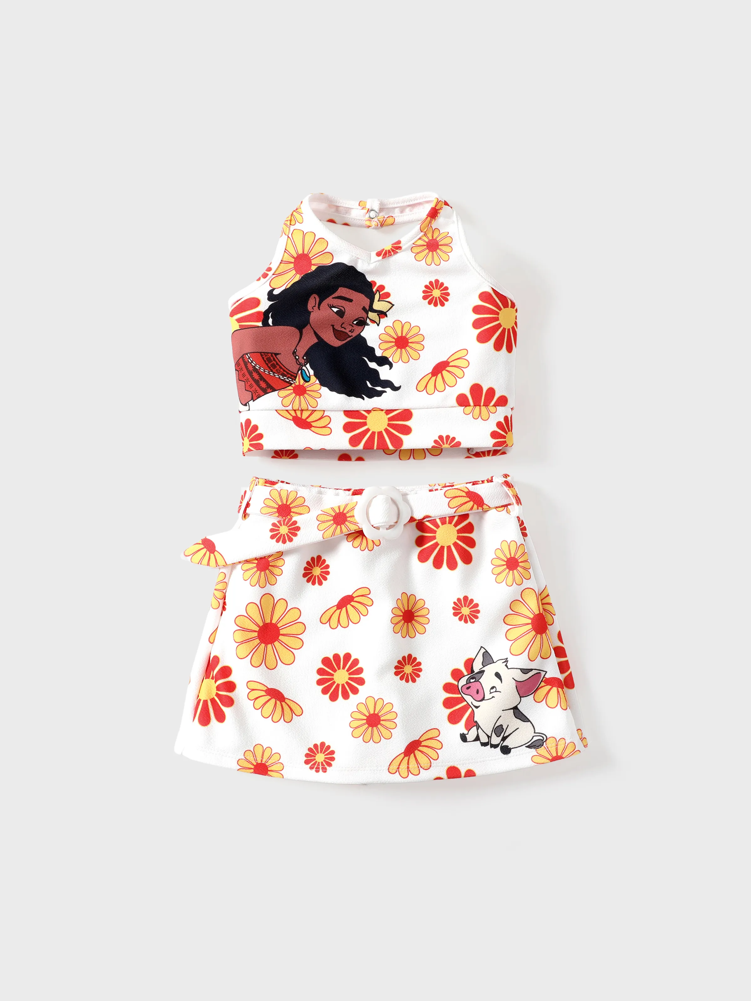 Disney Princess Toddler Girl 2pcs Moana Print Halter Top with Floral Skirt Sets White