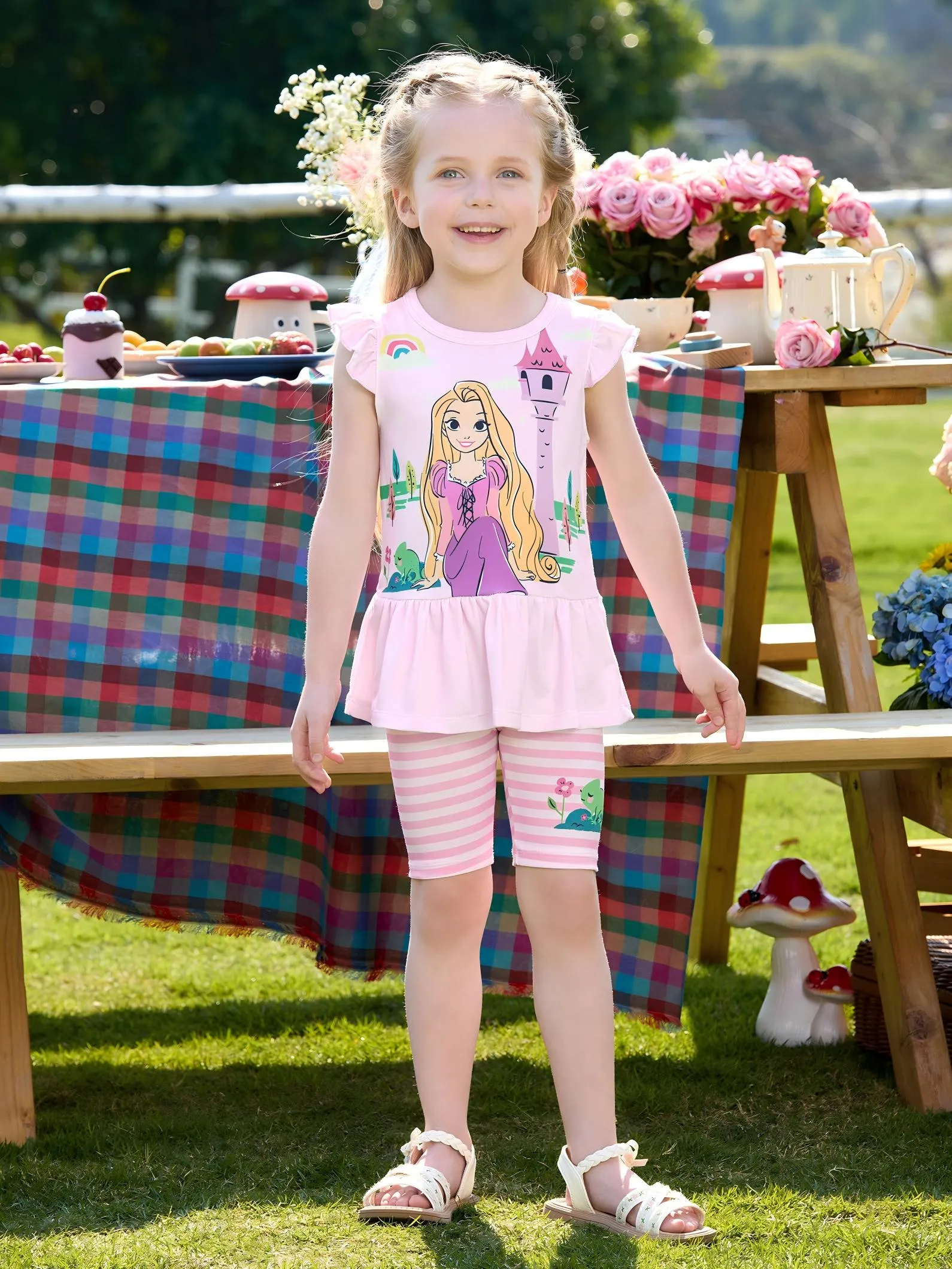 Disney Princess Toddler Girl 2pcs Naia™ Rapunzel Print Ruffled Top with Stripped Leggings Set Pink