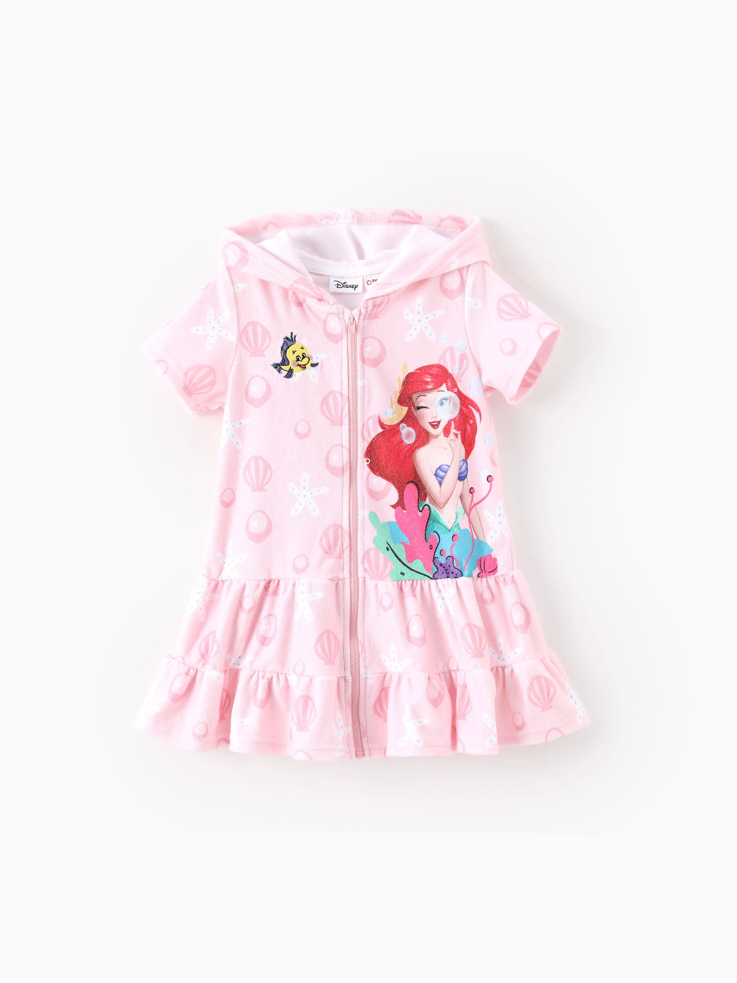 Disney Princess Toddler/Kid Girl Ariel Shell Allover Print Hooded Zipper Ruffle-hem Swim Cover-up Pink