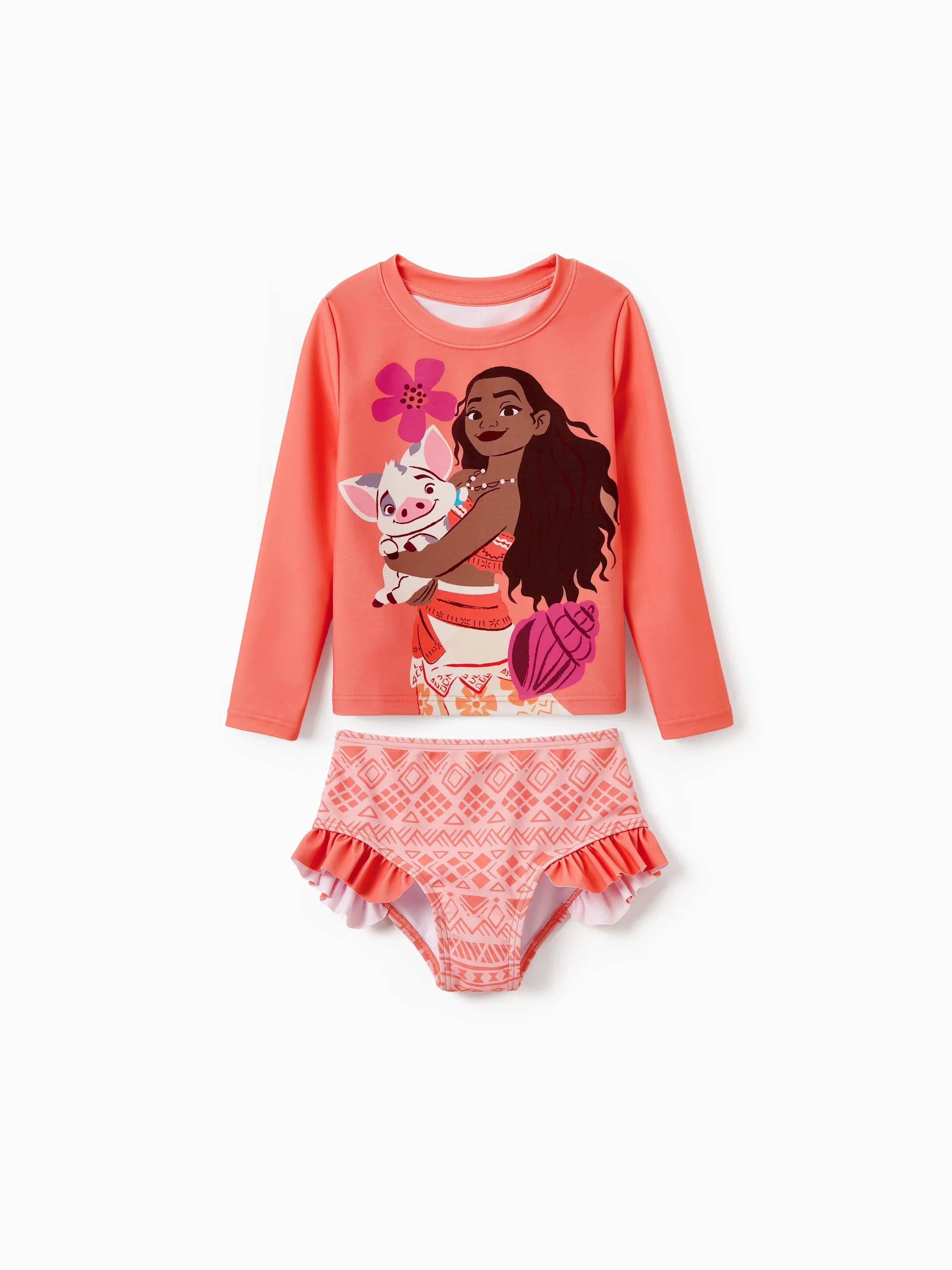 Disney Princess Toddler/Kid Girl 2pcs Moana UPF50+ Ruffled Long-sleeve Swimsuit Orange Red