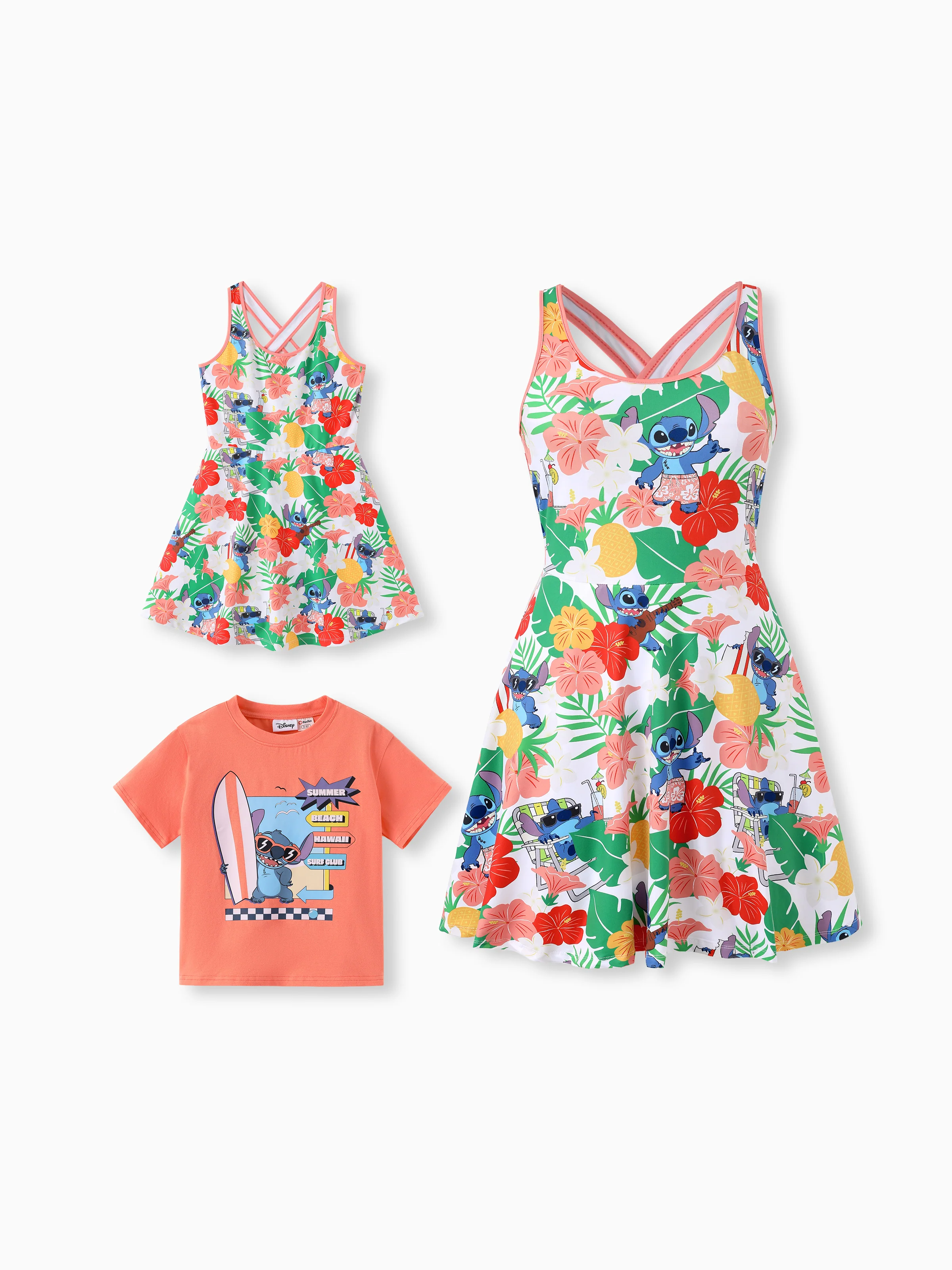 Disney Stitch Mommy & me Tropical Floral Sporty Dress with Built-in Shorts & Pockets/ Cotton Top Multi-color