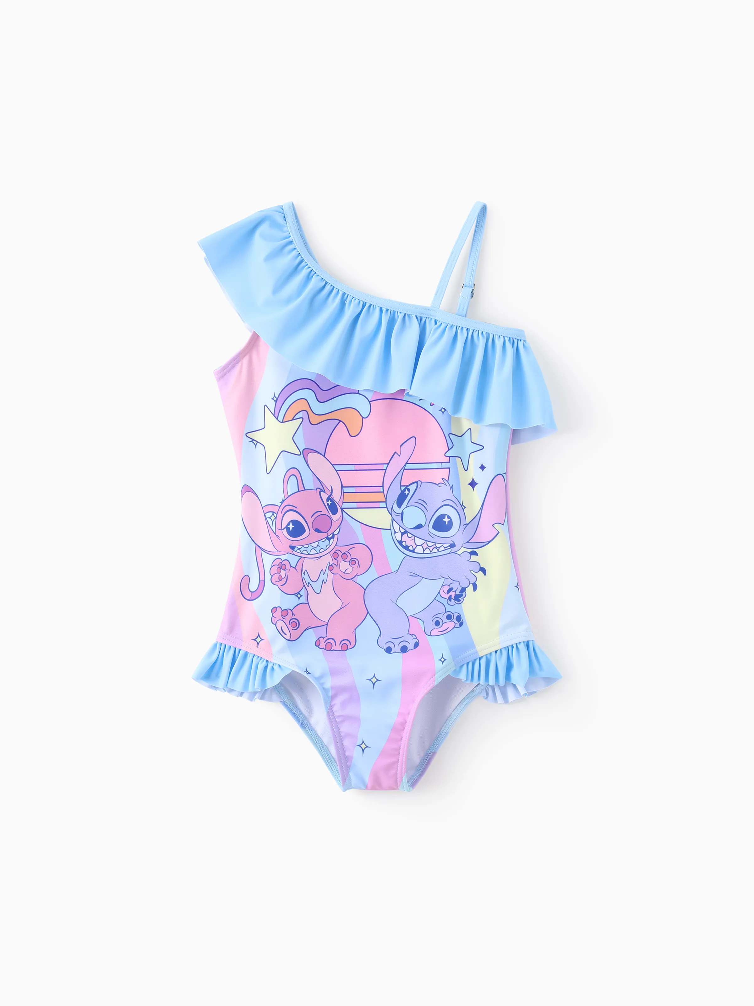 Disney Stitch Toddler/Kid Girl 1pc Floral/Colorful Striped Print Off-shoulder RuffledUPF 50+ Swimsuit Blue
