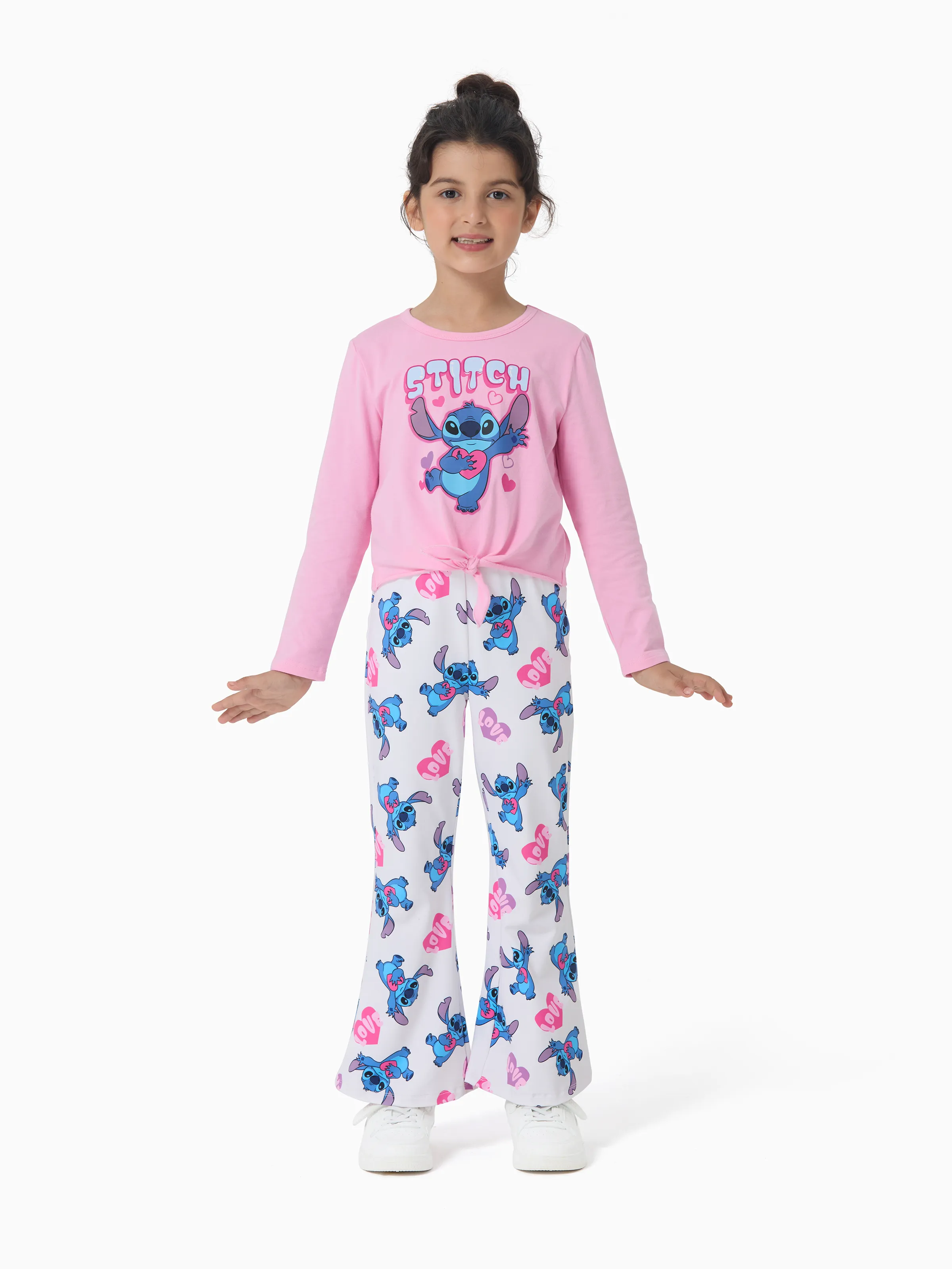 Disney Stitch Toddler/Kids Girl Stitch 2pcs Tie Front Longsleeves Top and Pattern Flared Pant Set Pink