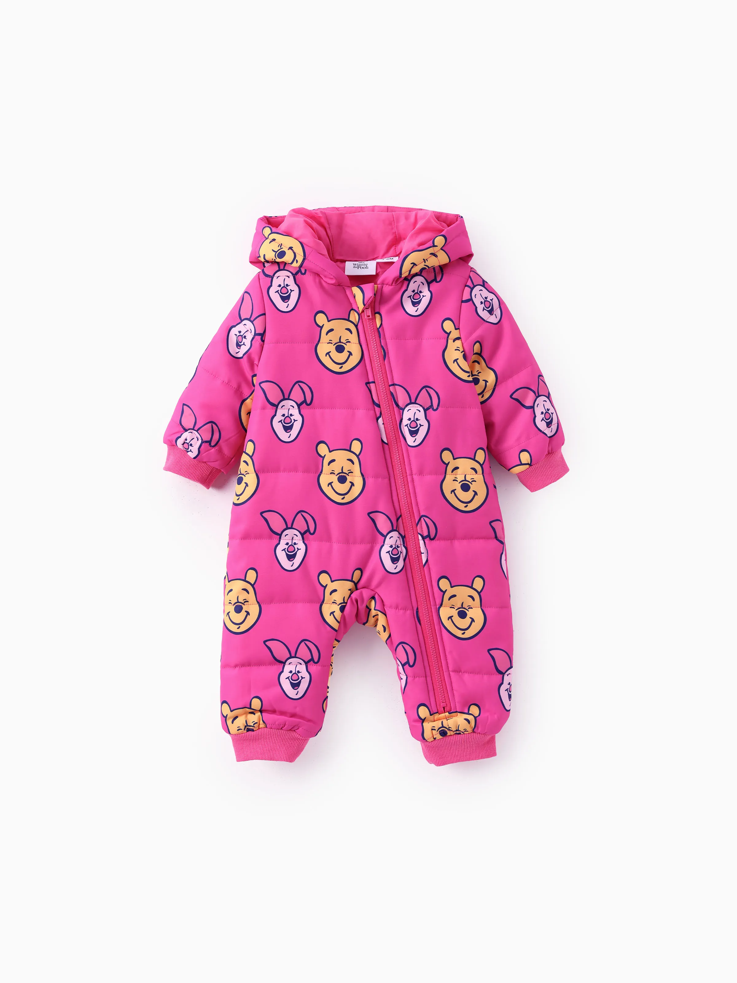 Disney Winnie the Pooh Baby Girl 1pcs Character Allover Print Zipper Hooded Thicken Puffer Jumpsuit Roseo