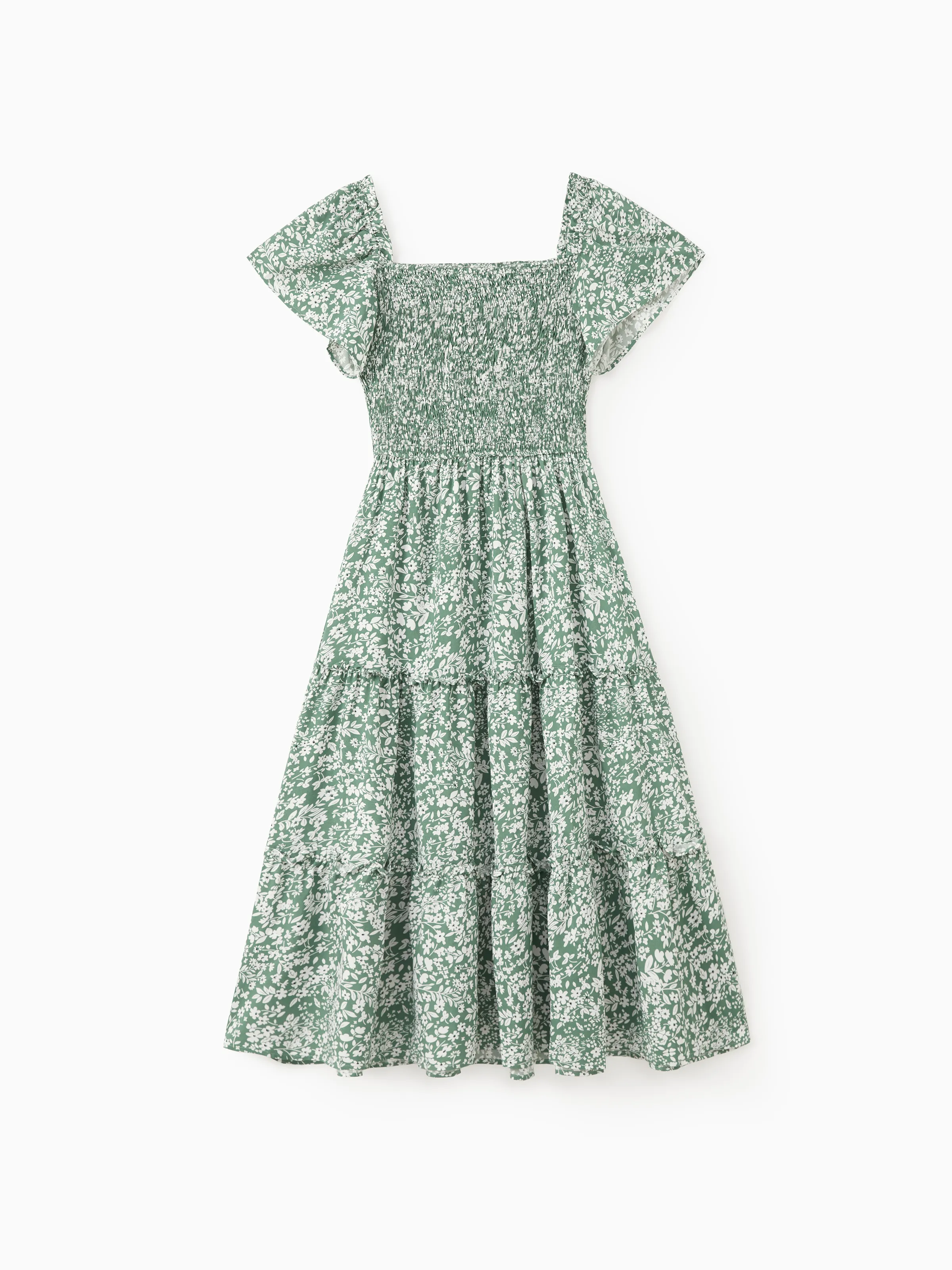 Elegant Broken Flower Matching Outfits for Family, Smocking Design, Medium Thickness Green - Image 5