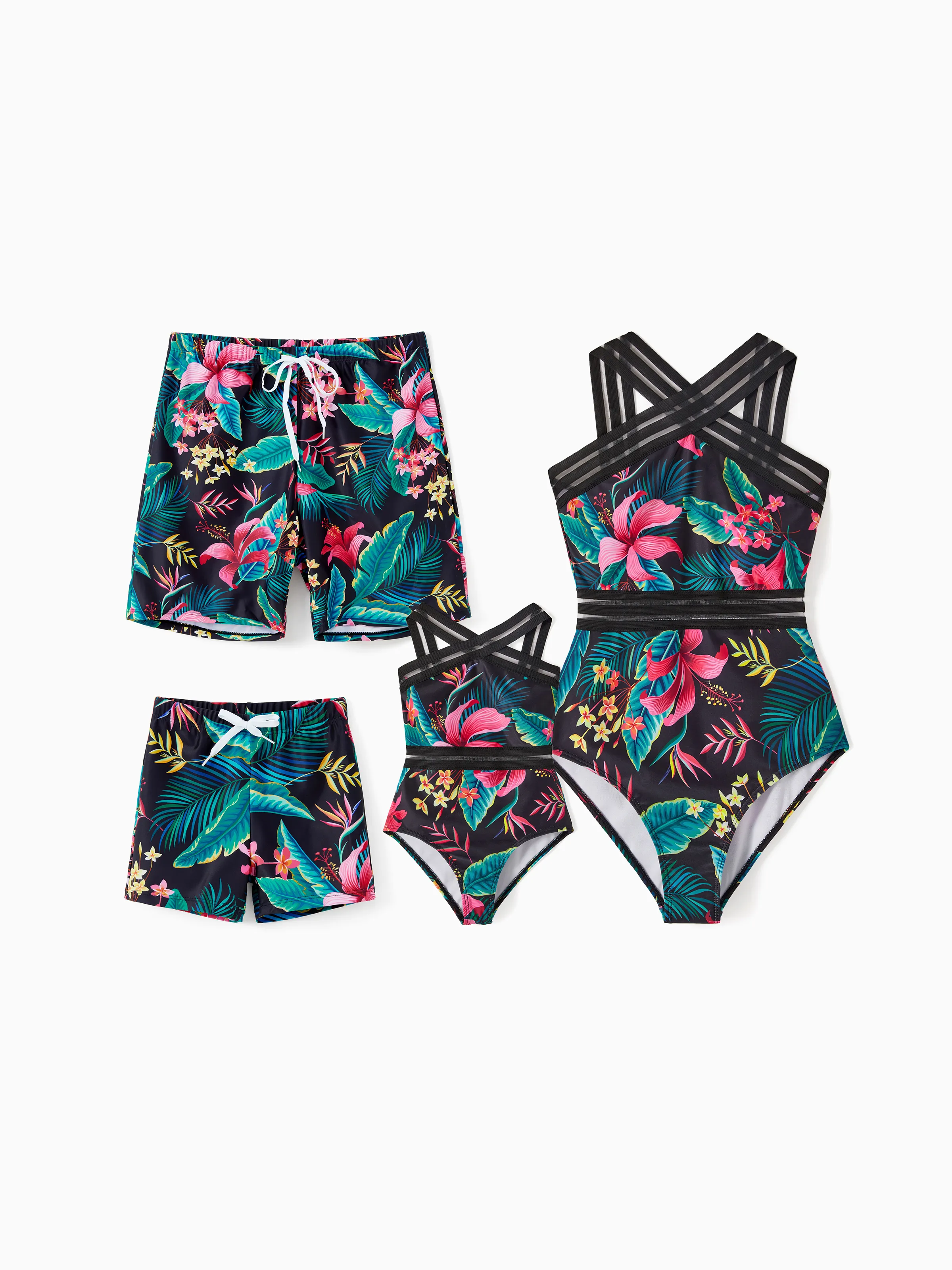 Family Matching Allover Plant Print Crisscross One-Piece Swimsuit and Swim Trunks Black