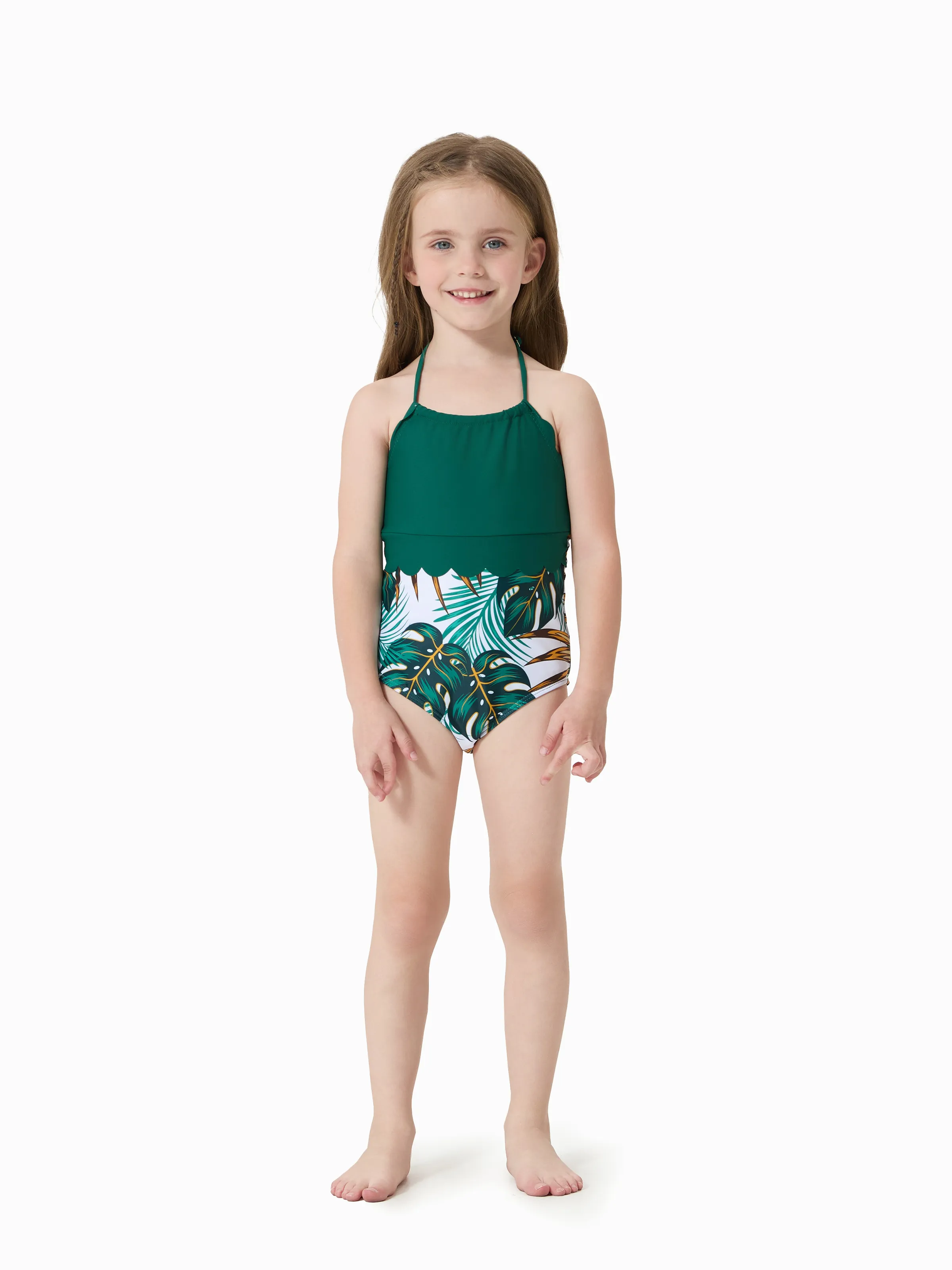 Family Matching Allover Plants Print Swim Trunks Shorts and V Neck Spaghetti Strap Splicing One-Piece Swimsuit Dark Green - Image 8