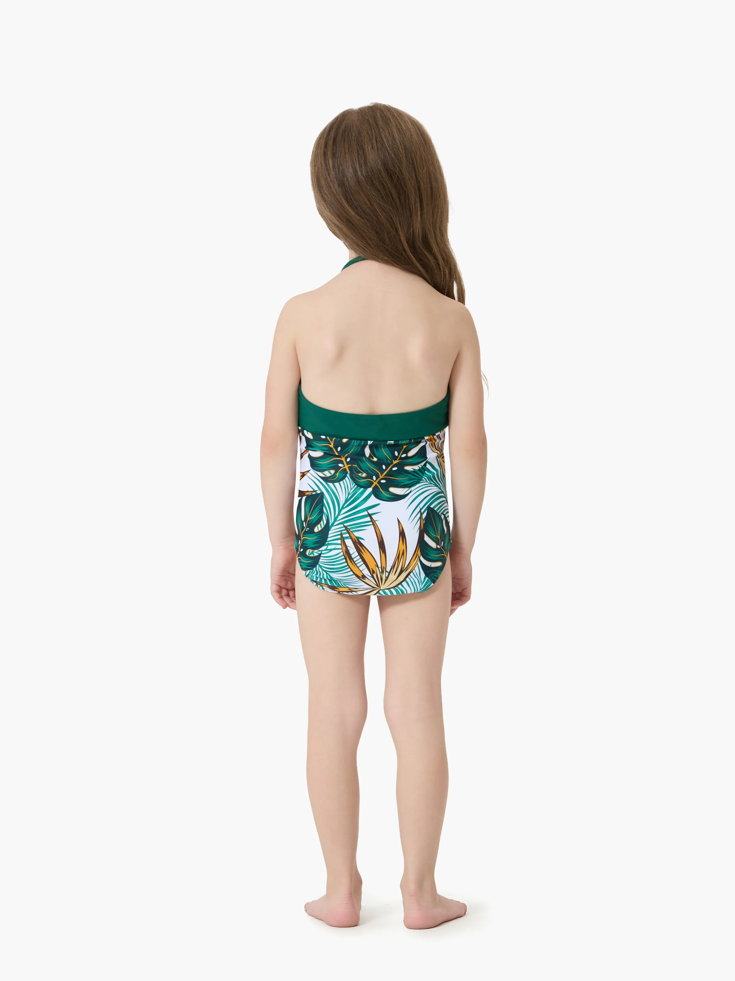 Family Matching Allover Plants Print Swim Trunks Shorts and V Neck Spaghetti Strap Splicing One-Piece Swimsuit Dark Green - Image 9
