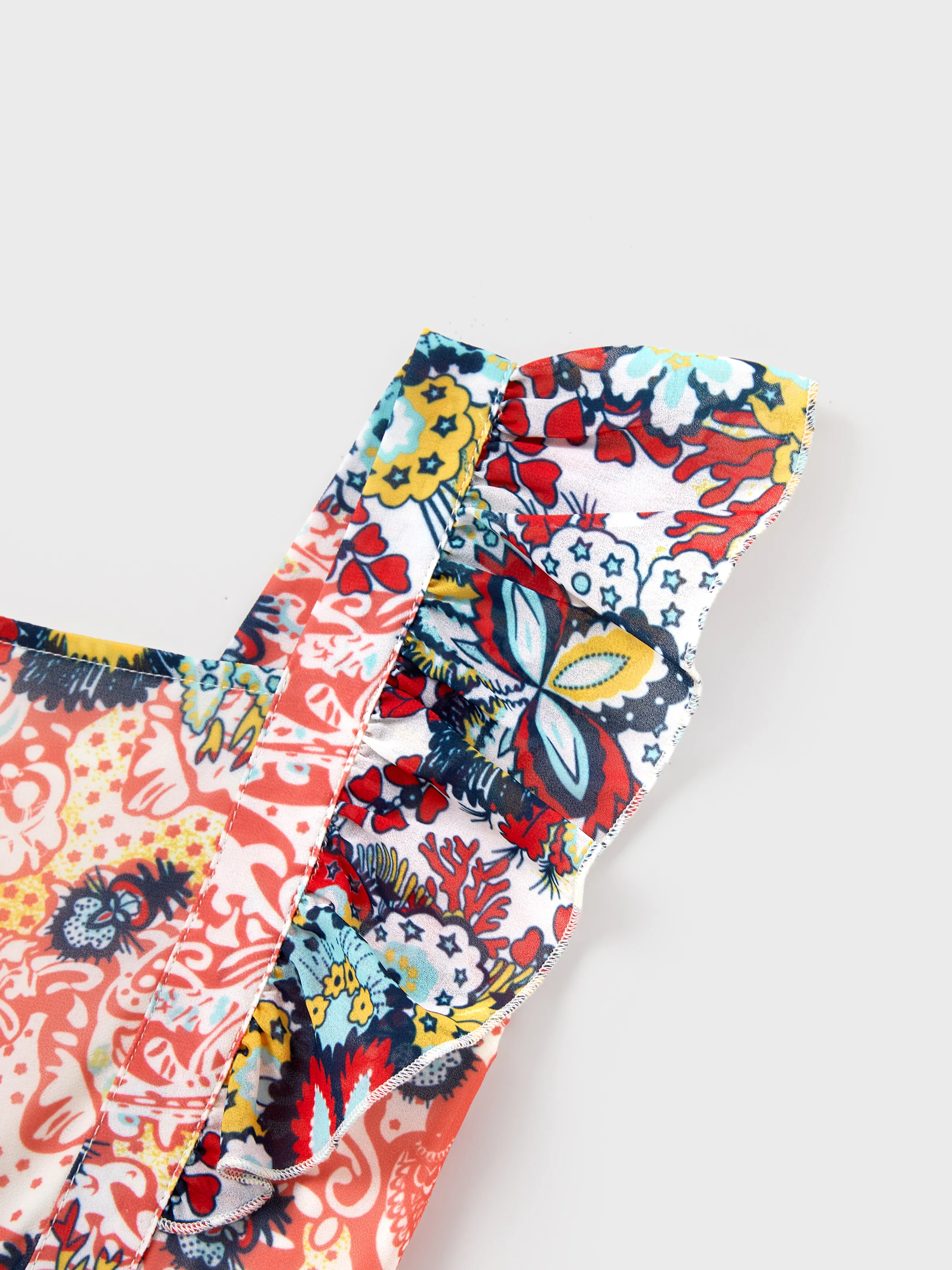 Family Matching Casual Outfit Colorblock Polo Collar T-shirt or Floral Print Flutter Sleeveless Dress Set Orange red - Image 10