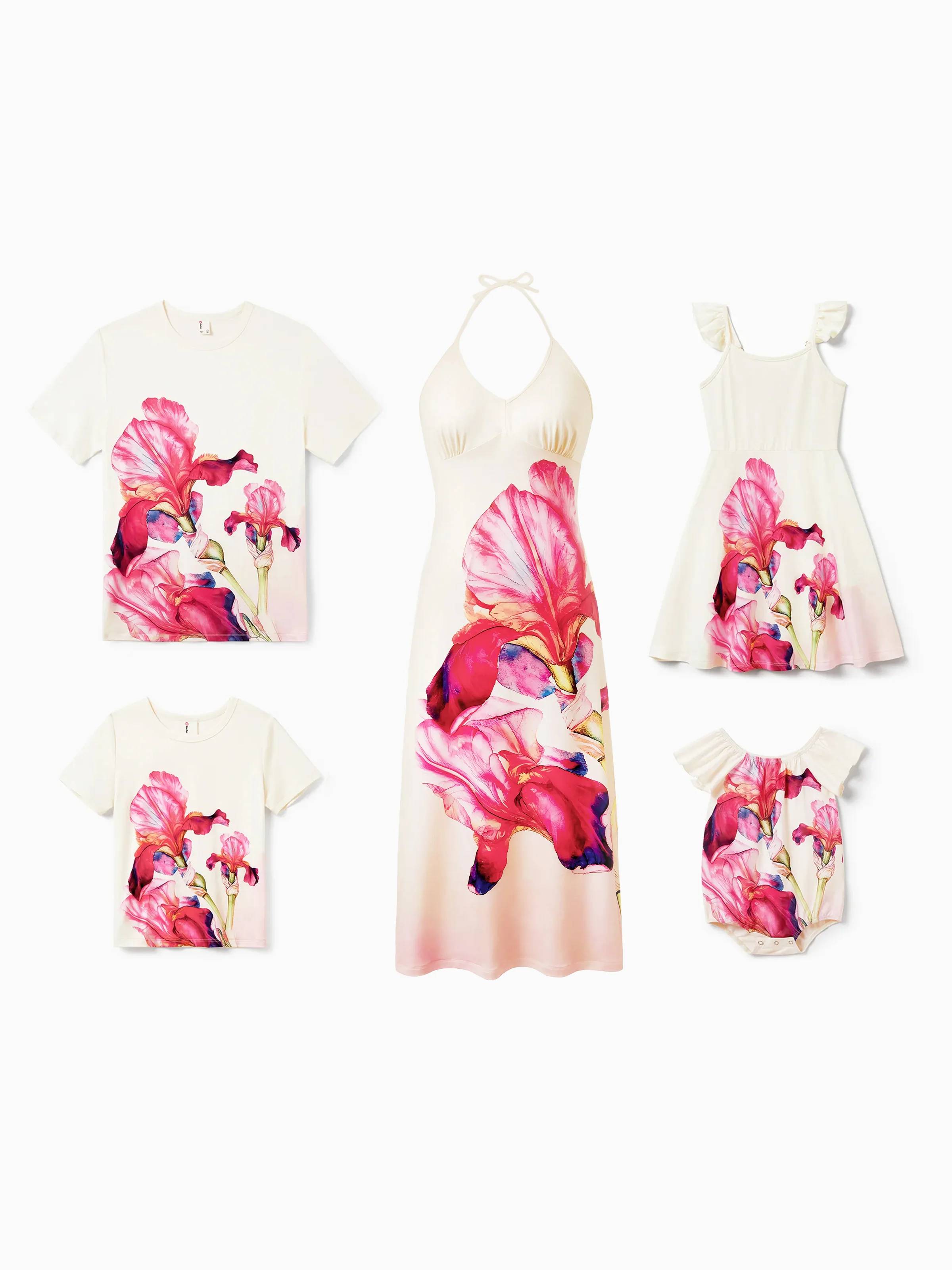 Family Matching Casual Outfit Floral Print T-shirt or Halter Dress Summer Set for Vacation  Apricot - Image 2